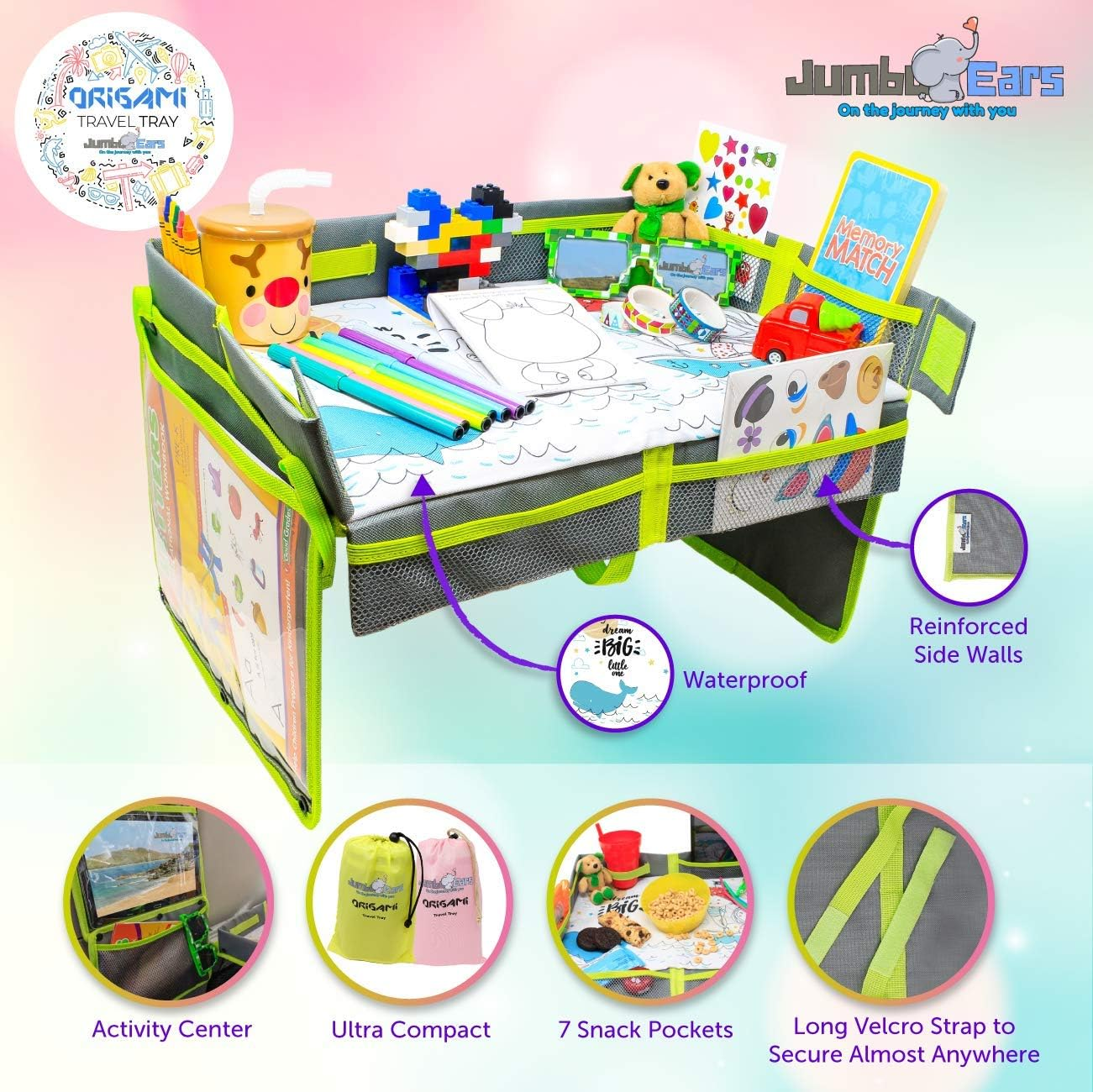 Gray Foldable Origami Kids Travel Tray Placemat Cover, Easy to Setup with Bonus Portable Multipurpose Side Pockets Organizer for Tablets and Phones Activities or Snacks for Toddler image number 4