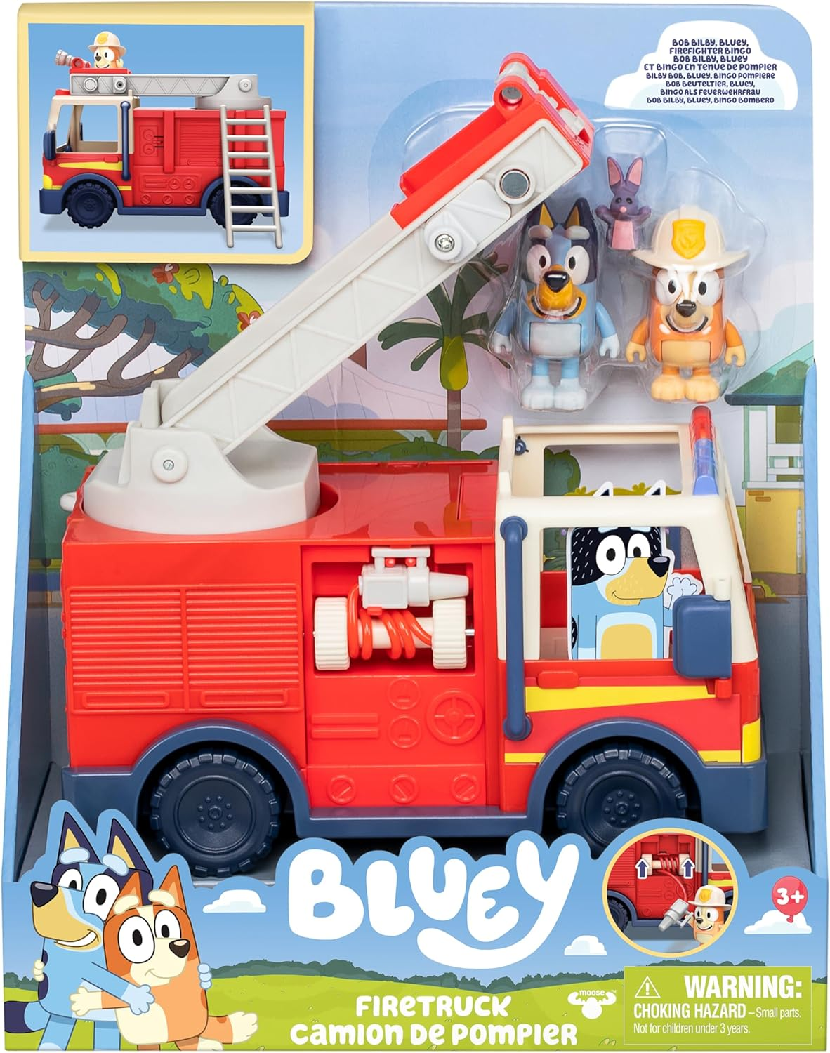 BLUEY Firetruck Firetruck, Exclusive Firefighter Bingo and Bob Bilby Figures Raise the Ladder, Spin It around and Roll Out the Hose Includes Sticker Sheet image number 1