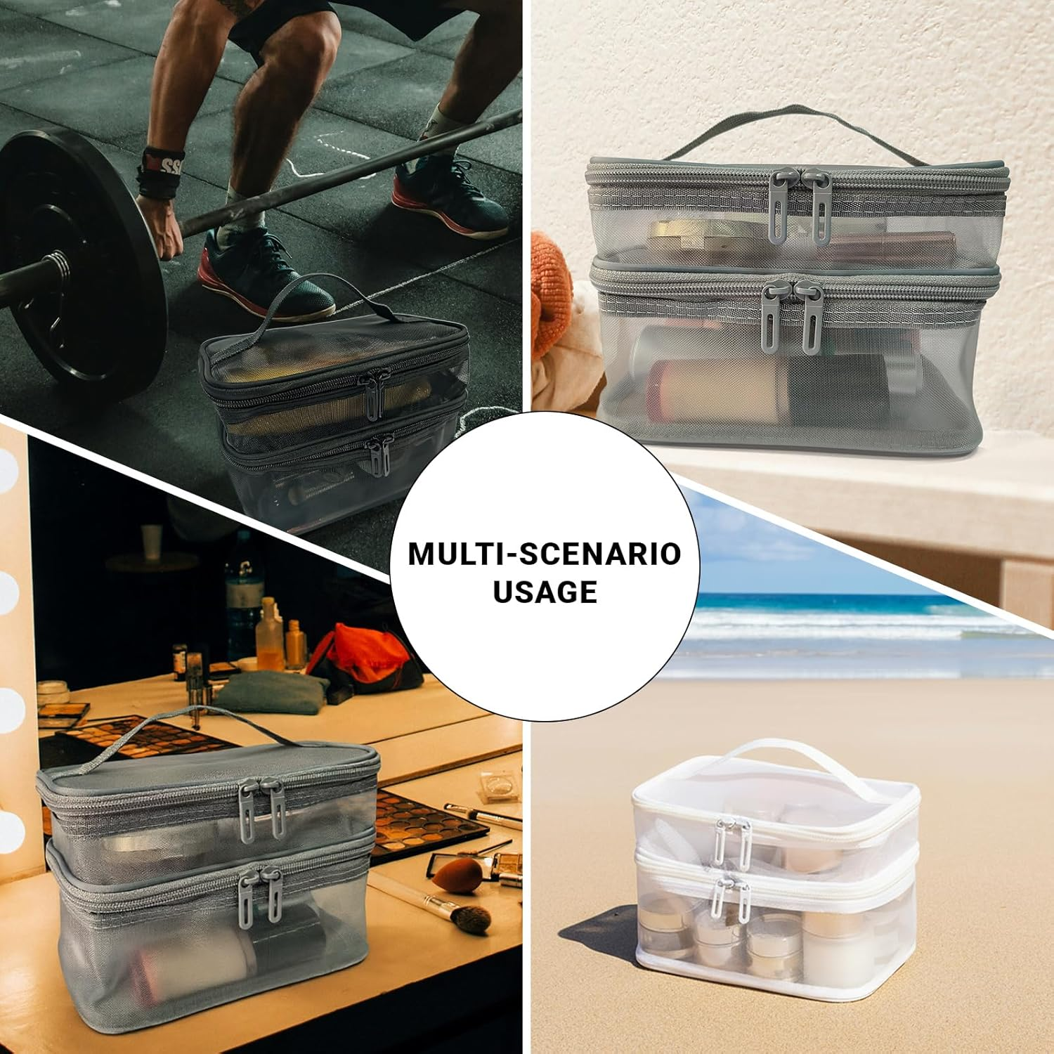 Double Layer Makeup Bag, Mesh Cosmetic Bag with Handle, Double Zipper Beauty Make up Bag, 2 Compartment Toiletries Storage Bag, Portable Travel Cosmetic Case Organizer for Women Girls, Gray - Black image number 7