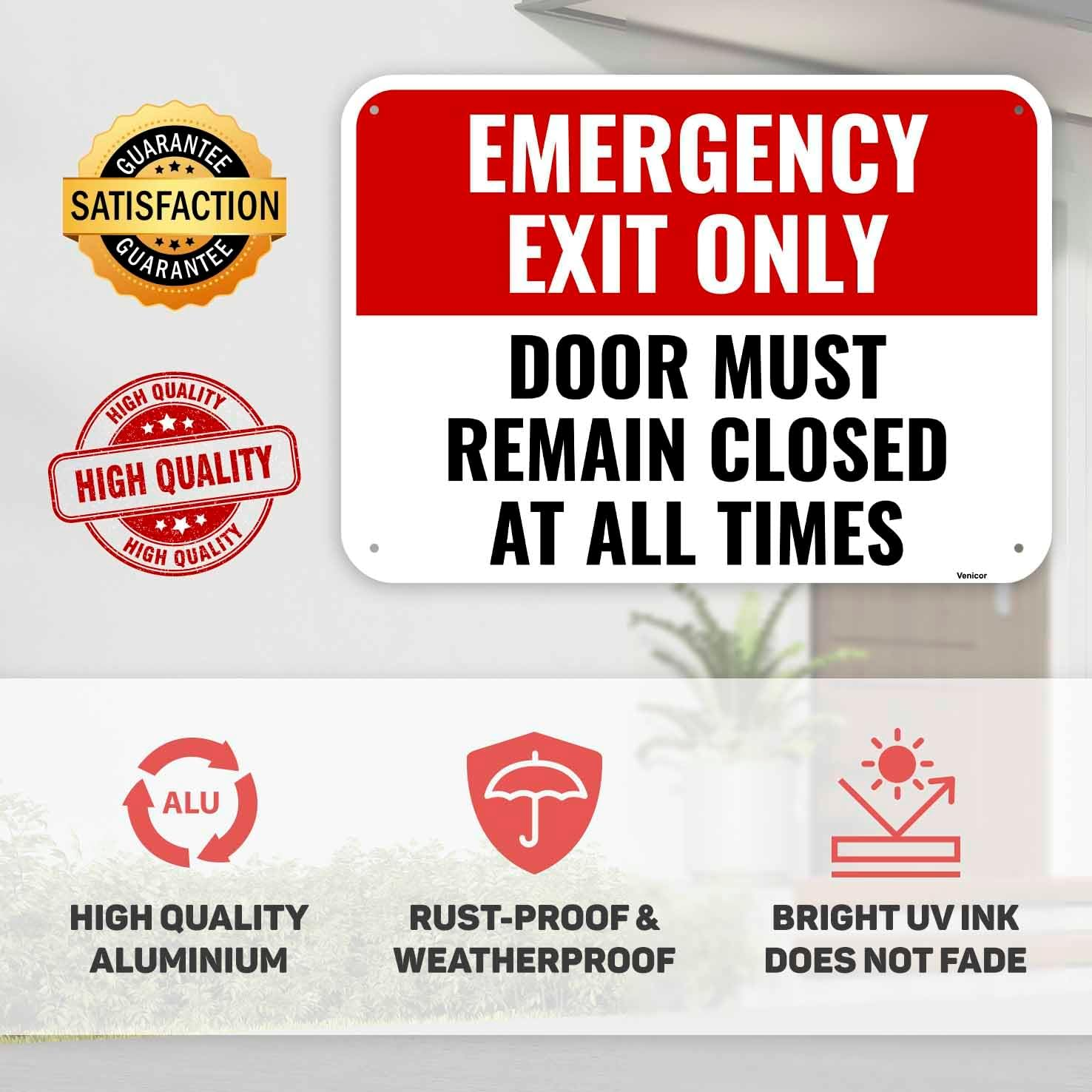 2PC Emergency Exit Only Sign, 14 X 10 Inches - Aluminum - Door Must Remain Closed at All Times