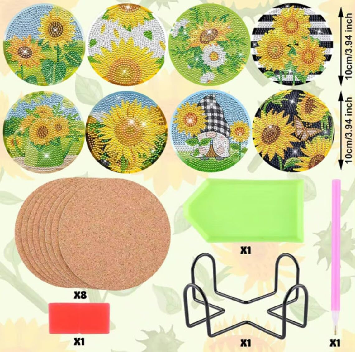 8Pcs 5D Diamond Painting Sunflower Gnome Coasters DIY Summer Kit with Holder image number 1
