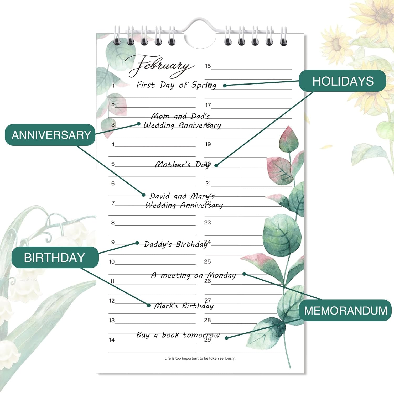 Perpetual Calendar - 12-Month Undated Calendar from Jan. to Dec., 6'' X10'' Perpetual Calendar with 2 Lines per Days, Reminding Anniversaries, Birthdays, Festivals, Birthday Reminder Book with Thick image number 4