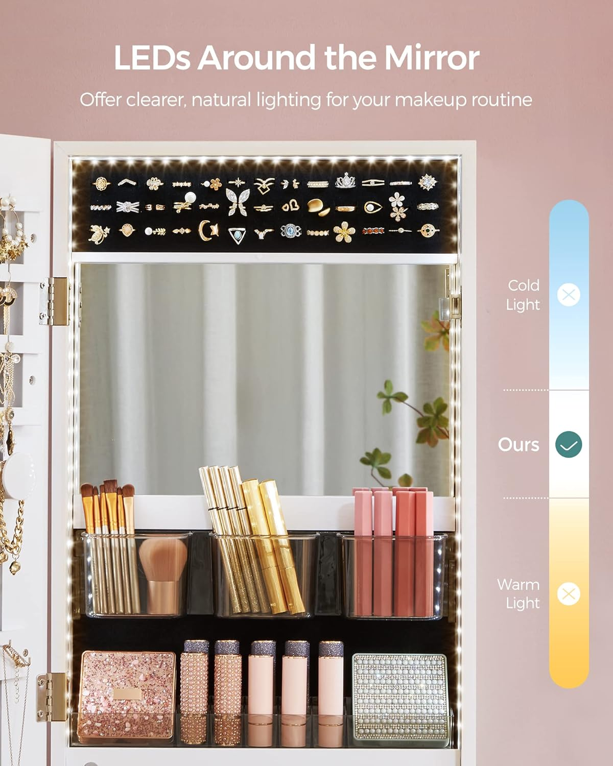 SONGMICS Jewelry Cabinet Armoire Organizer with LED Lights, Wall-Mounted Storage Cabinet with Full-Length Frameless Mirror, Built-In Makeup Mirror, 2 Drawers, Lockable, White UJJC013W01 image number 6