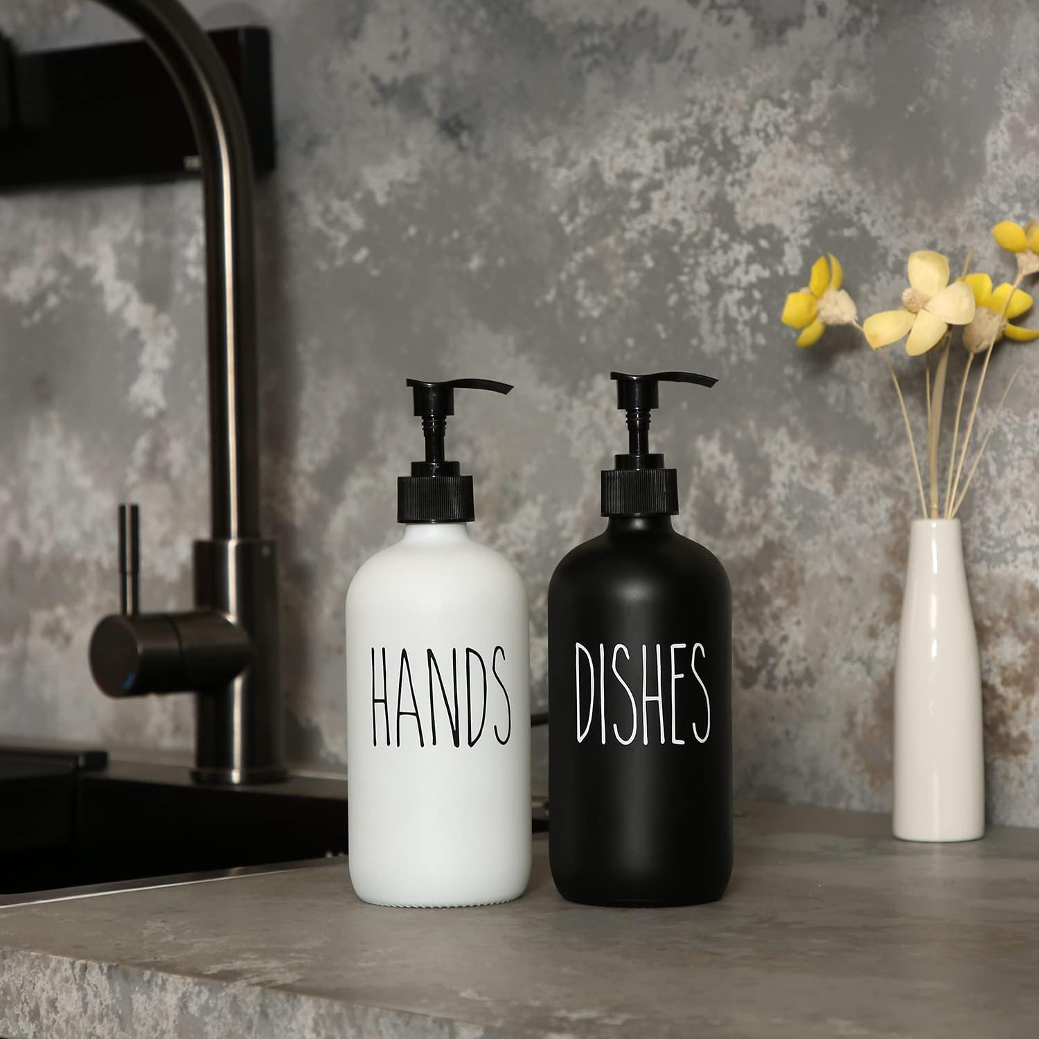 MOMEEMO Soap Dispenser Set 2 Pack, Contains Dish Soap Dispenser and Hand Soap Dispenser. 16 Oz Glass Soap Dispenser with Black Plastic Pumps, Perfect for Black and White Kitchen Decor. (Black & White) - Hd Black White image number 2