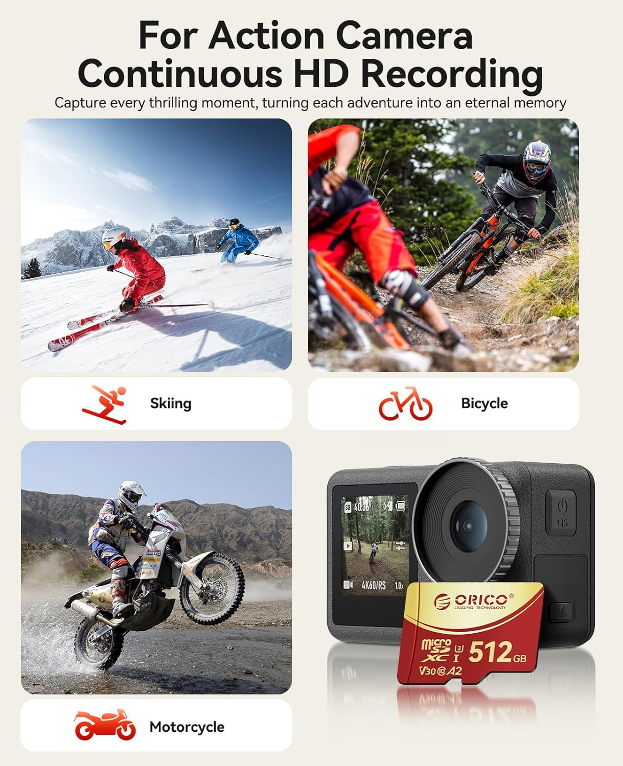 ORICO F3 512GB Microsdxc UHS-I Memory Card, 180Mb/S Read(Require DDR 220 Reader), 160Mb/S, 4K UHD Recoding, U3, Class10, V30, A2, Micro SD for Action Camera, Dash Cam, TF Card image number 1