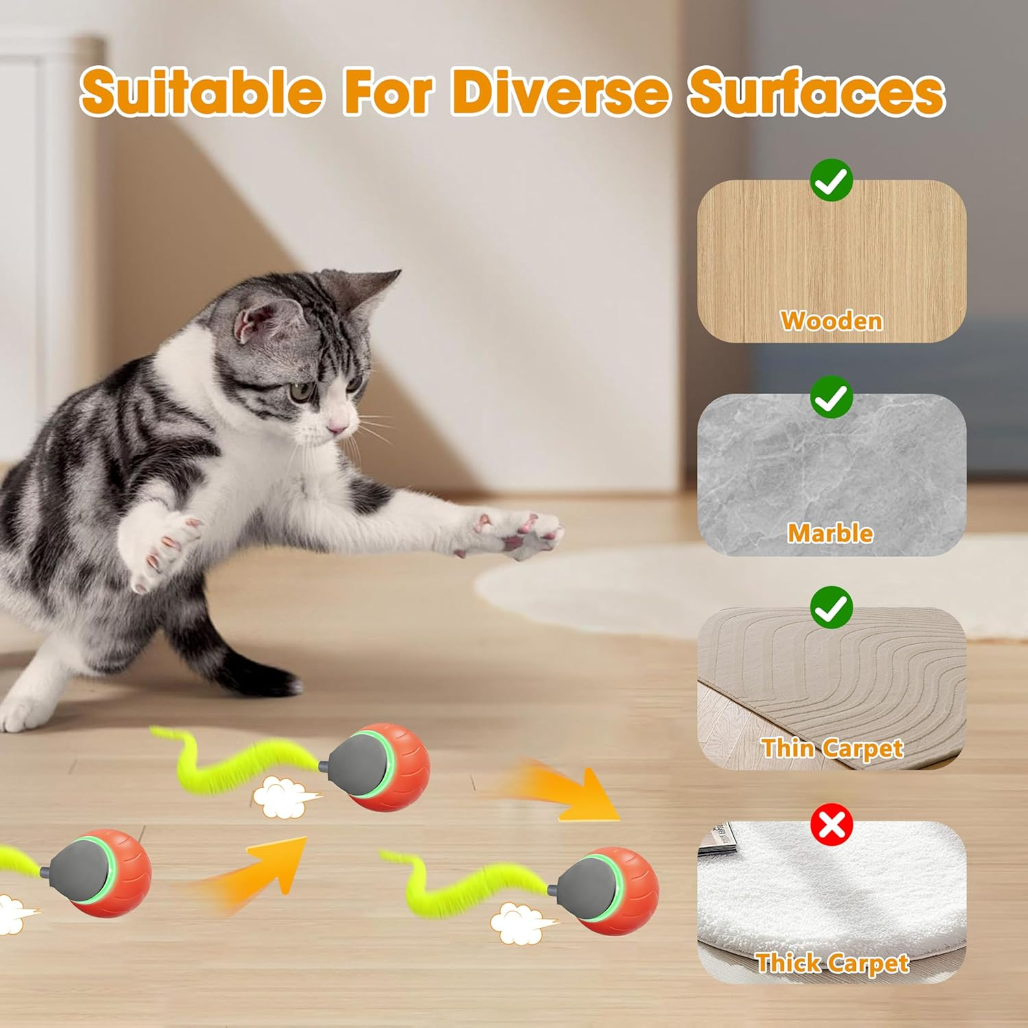 Interactive Cat Toy Ball with Tail&ndash;2025 Upgrades Cat Toys for Indoor USB-C Rechargeable, Auto Rolling, Smart Obstacle Avoidance, Self-Activating Electric Chase Toy for Bored Indoor Cats & Dogs image number 3