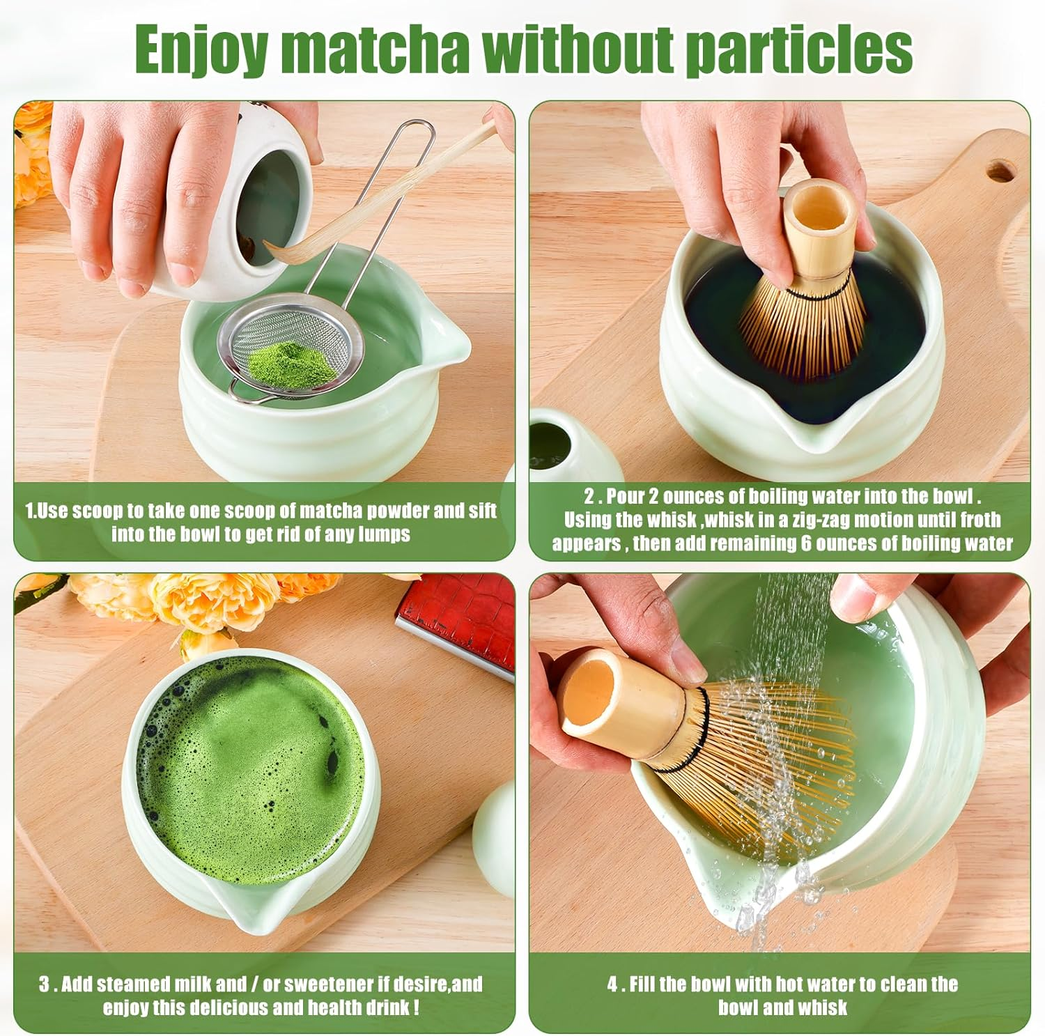 Handcrafted Bamboo Matcha Whisk Set, Ceramic Matcha Bowl with Pouring Spout and Stainless Sifter, Matcha Whisk Holder, Bamboo Scoop Exquisite Matcha Kit for Matcha Tea (Style-02) image number 3