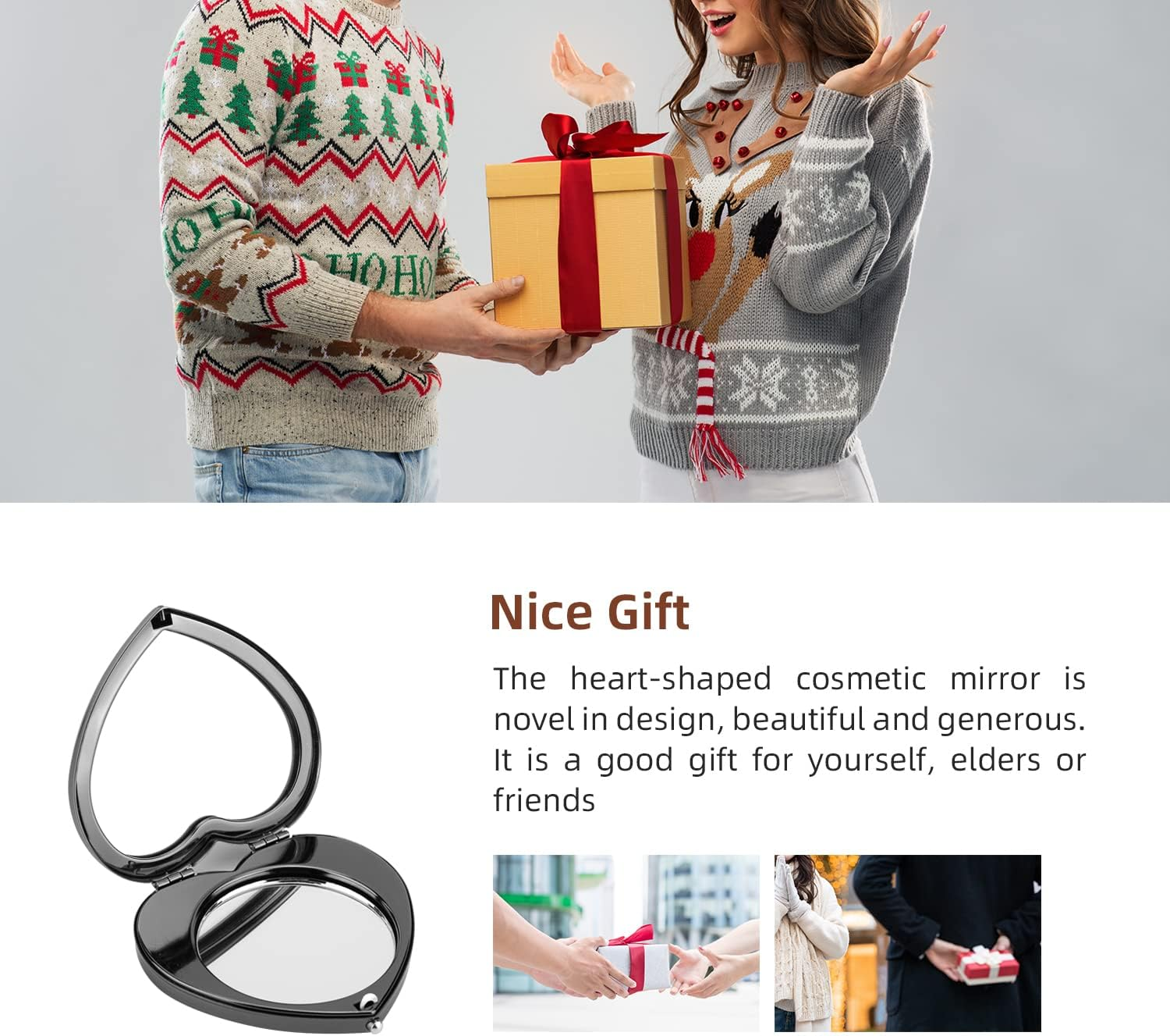 Mini Vintage Heart Elegant Makeup Mirror, Portable 1X/2X Magnifier (Black) image number 3