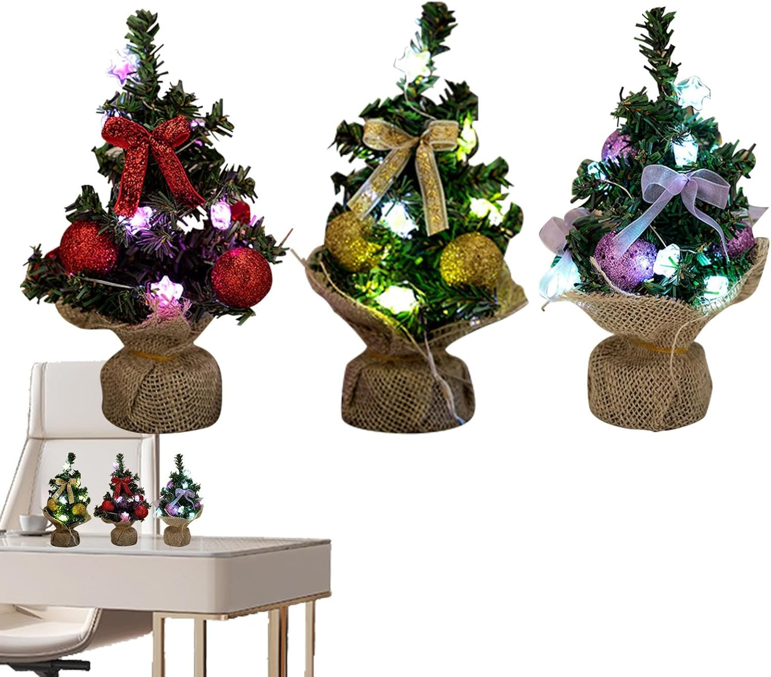 Table Top Lighted Christmas Tree | 3X Green Tabletop Christmas Tree | Burlap Base Design Small Artificial Festival Lights for Dining Room image number 3