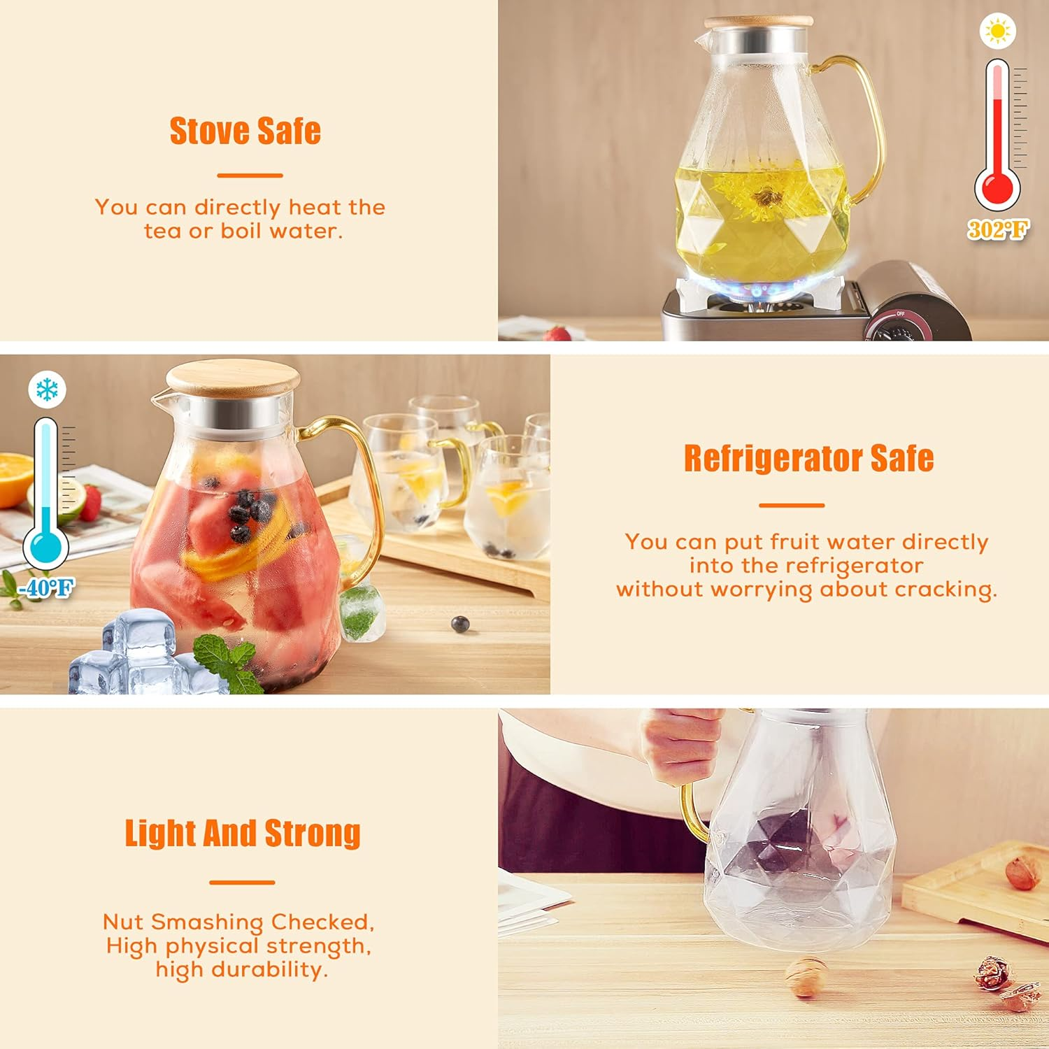 DUJUST Glass Pitcher with Lid [68 Oz], Elegant Diamond Design Water Pitcher with Handle, Decoration for Room, High Durability Water Glass Carafe for Ice Tea Maker, Beverage, Hot/Cold Coffee - 1 Glass Pitcher (Golden Lid) image number 3