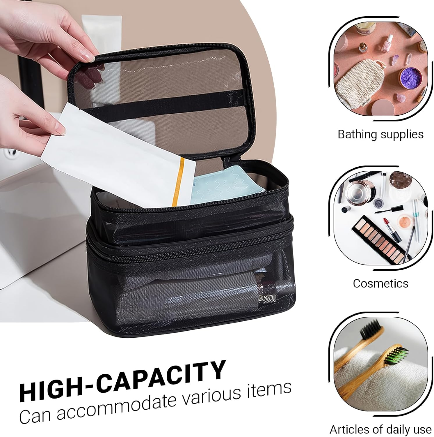 Double Layer Makeup Bag, Mesh Cosmetic Bag with Handle, Double Zipper Beauty Make up Bag, 2 Compartment Toiletries Storage Bag, Portable Travel Cosmetic Case Organizer for Women Girls, Gray - Black image number 3