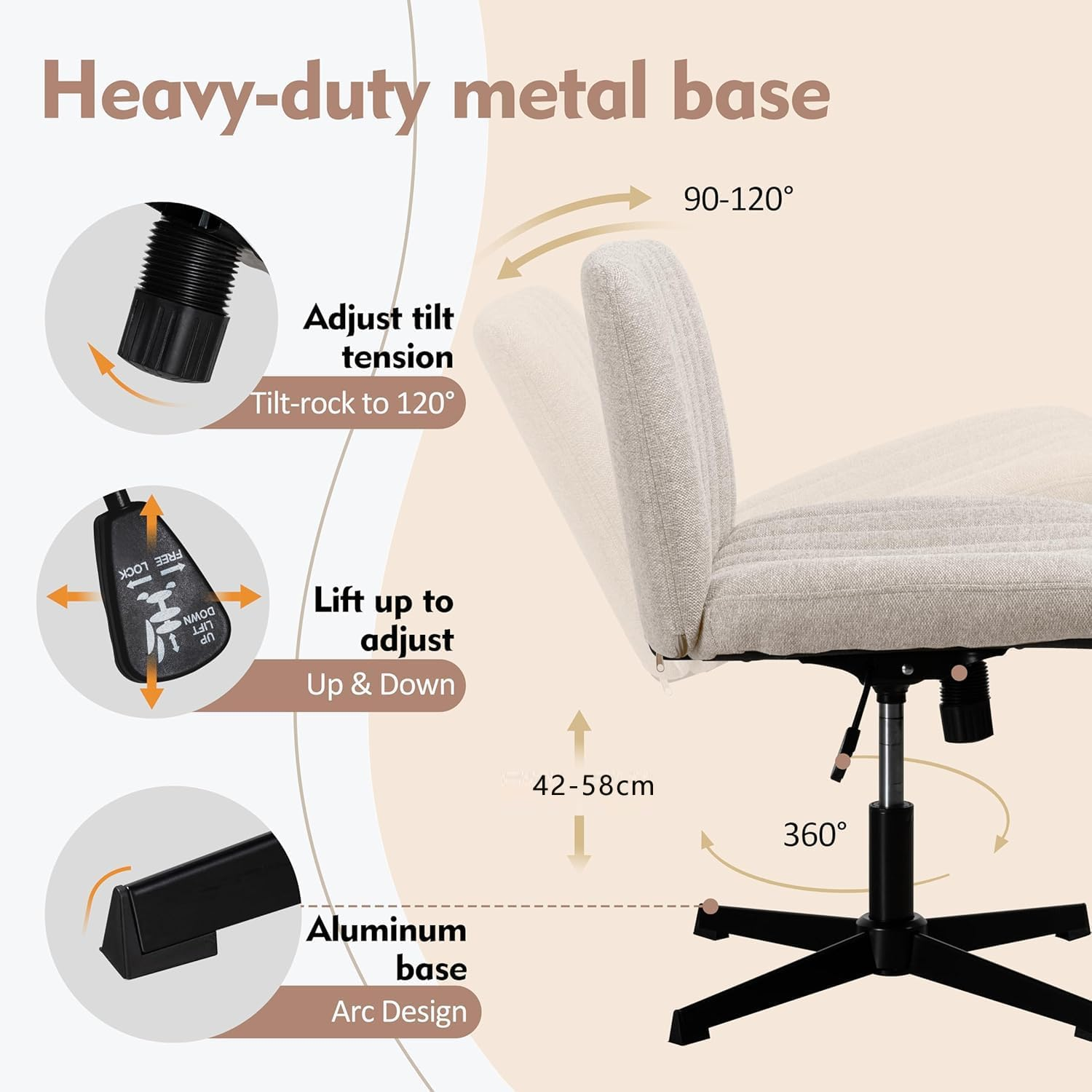 Cross Legged Desk Chair-Wide Seat Fabric Armless Chair Cloth Surface with Wheels and Back, Swivel Desk Chair for Home, Make Up, Bedroom Computer Task Chair, Beige image number 3