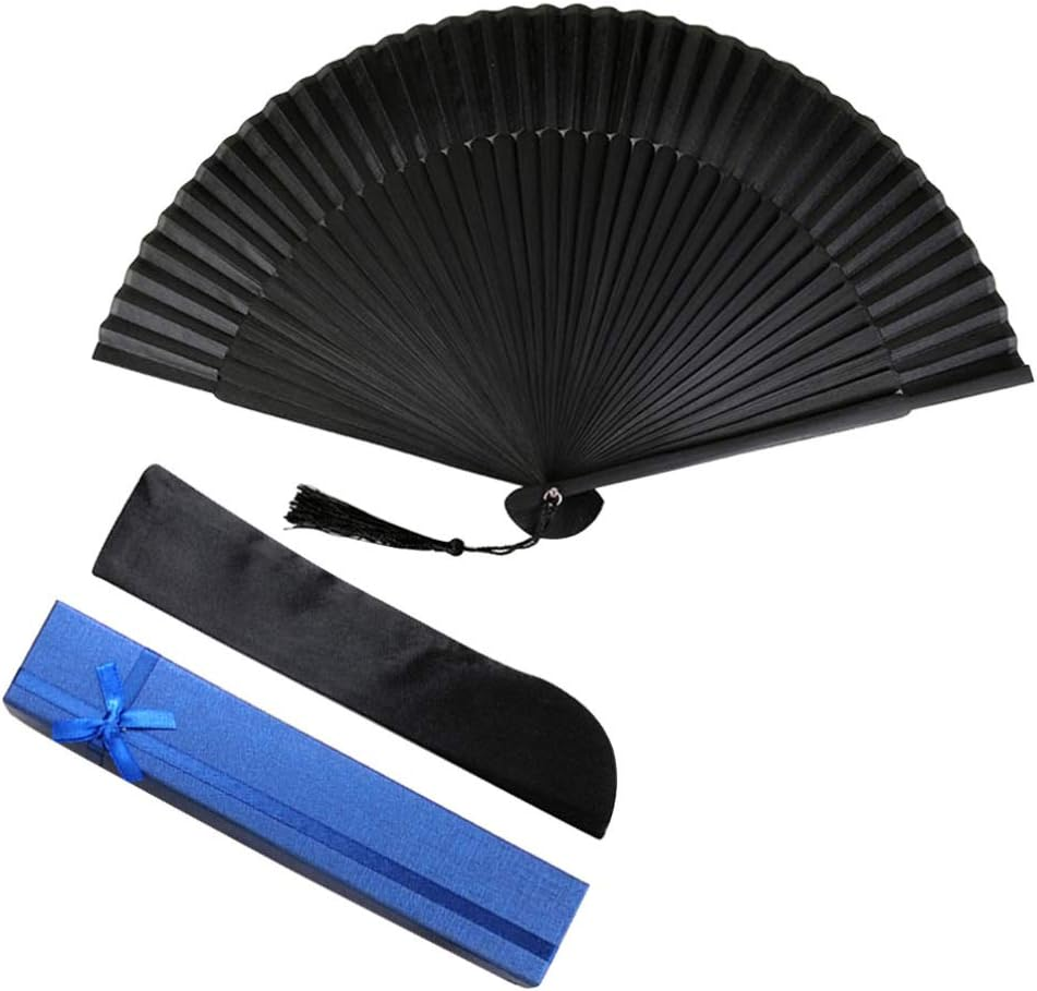 SEWACC Men Bamboo and Folding Fan with Storage Bag Handheld Chinese Fan for Weddings Birthdays and Festivals Elegant Black Design for Stylish Cooling image number 2