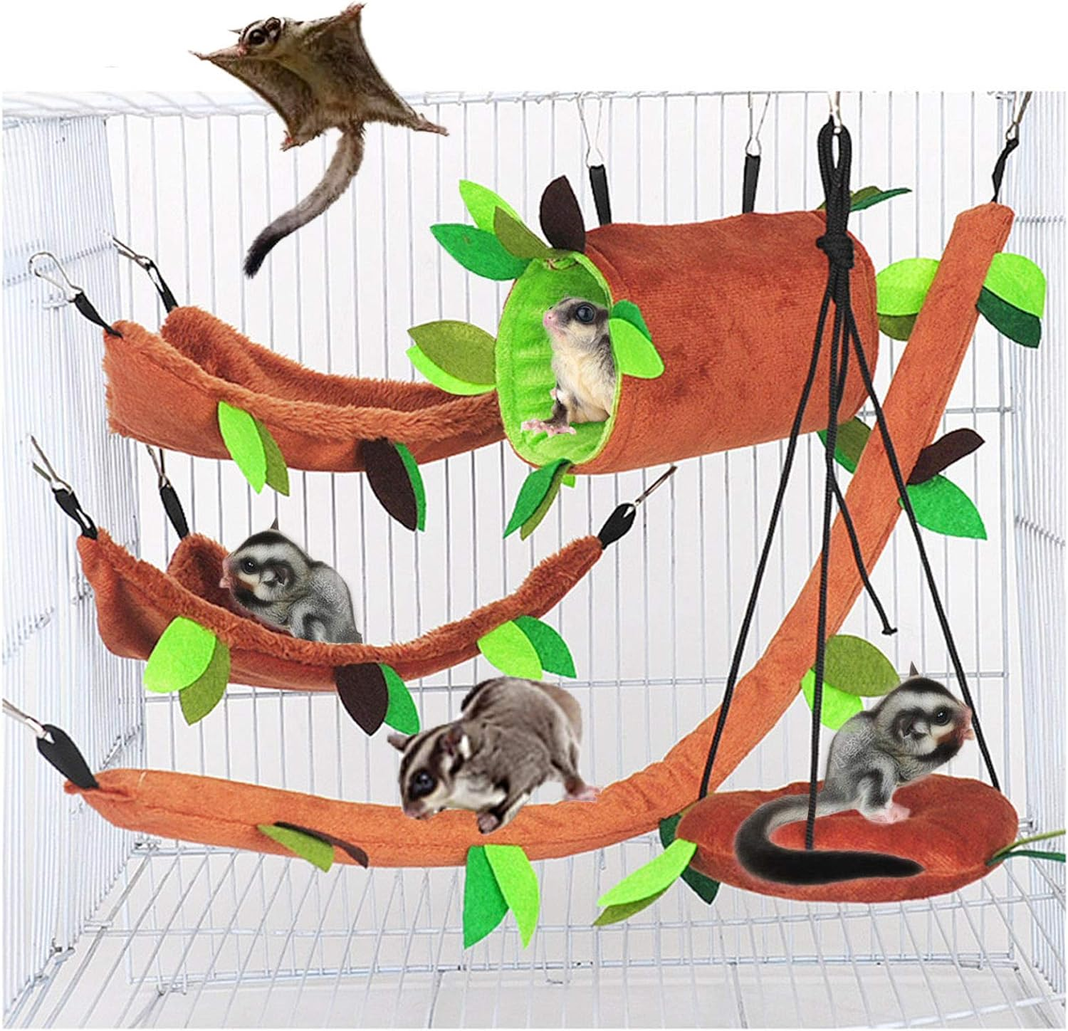 SEIS 5Pcs Hamster Hanging Cage Accessories Set Leaf Wood Design Small Animal Hammock Channel Ropeway Swing for Guinea Pig Rat Birds Parrot Gerbil Sugar Glider Squirrel (5 Pcs) image number 1