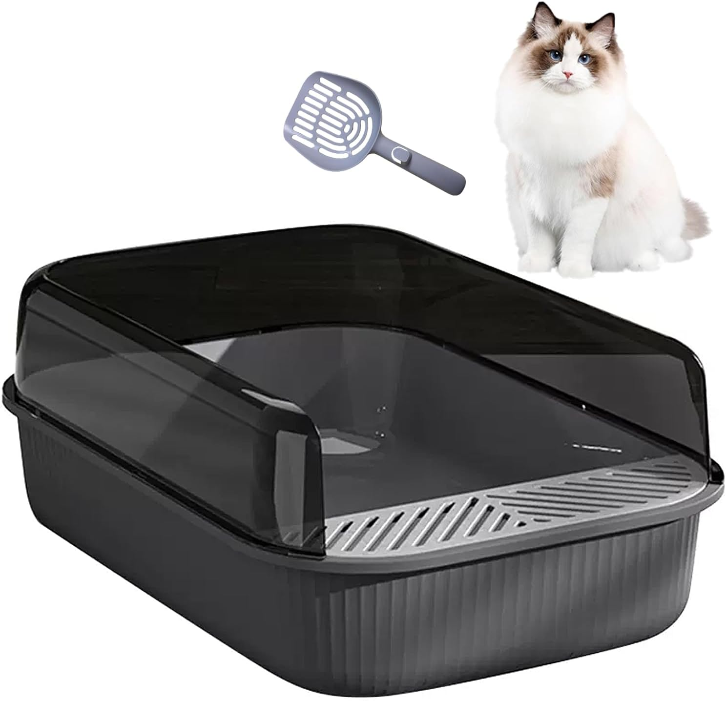 Cat Litter Tray, 50X34X18Cm with Free Scoop, Semi-Closed Plastic Cat Litter Pan Top Entry Cat Litter Box, Suitable for Large Cat, Drawer Type Anti-Splashing Cat Toilet with Large Capacity (Grey, L) image number 3