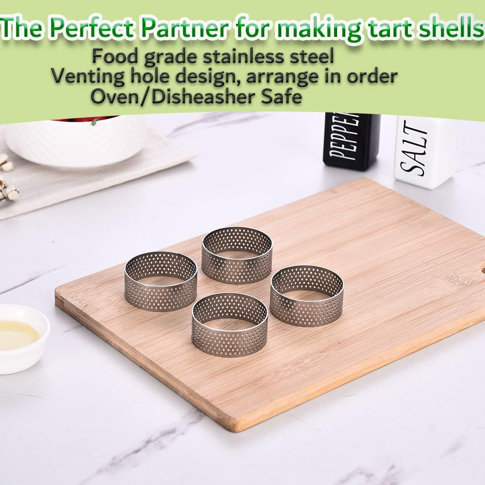 DATANYA 12Pack Tart Rings Perforated Tart Ring, Stainless Steel Cake Rings 2 Inch round Mousse Ring Molds for Baking Cooking Dessert, Small Fruit Tartet Crust 5Cm image number 6