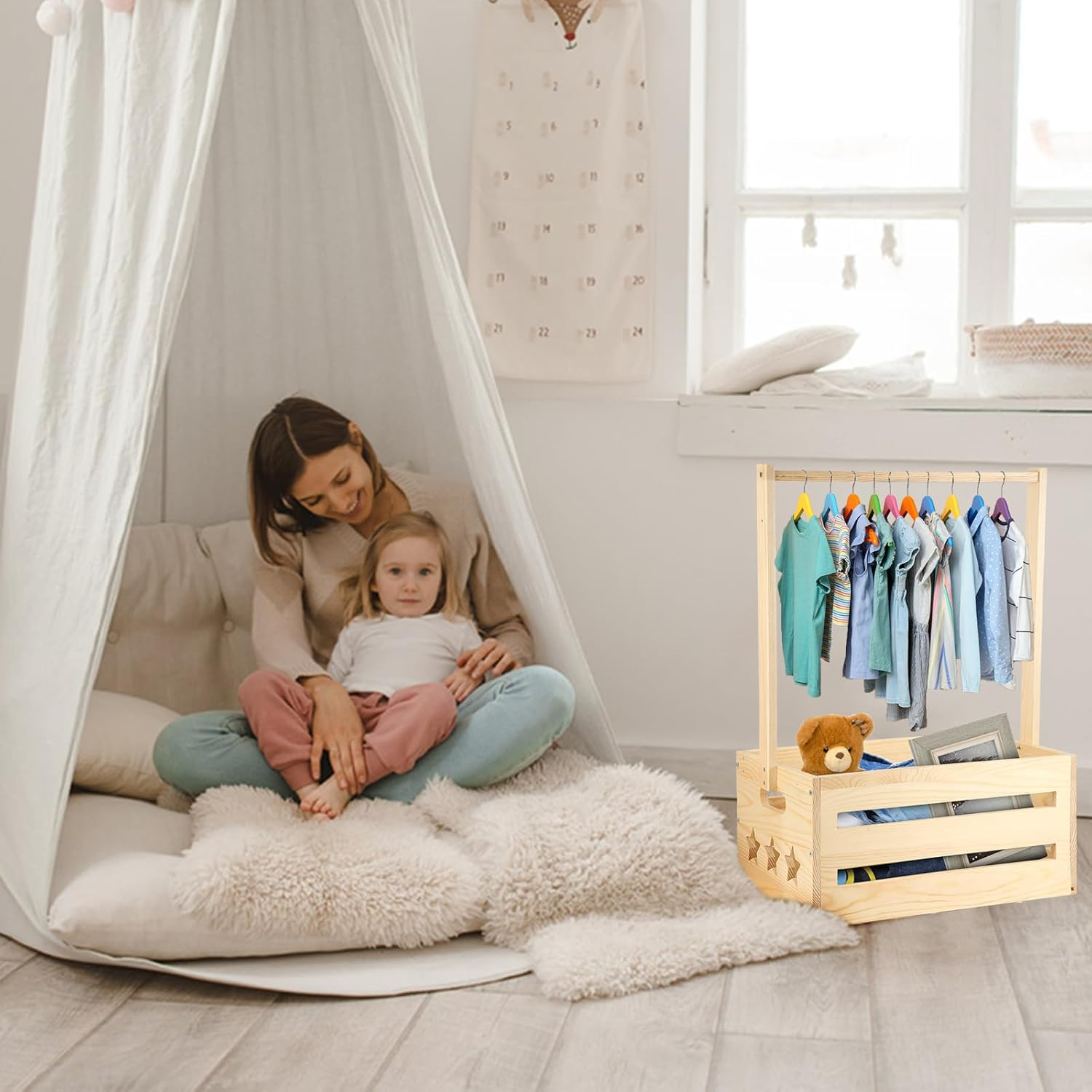 Wooden Baby Shower Basket, Wooden Baby Storage Crate Hamper with Handle Attractive Closet Baby Clothes Rack for New Born Baby Shower, Pregnancy Gifts for New Parents