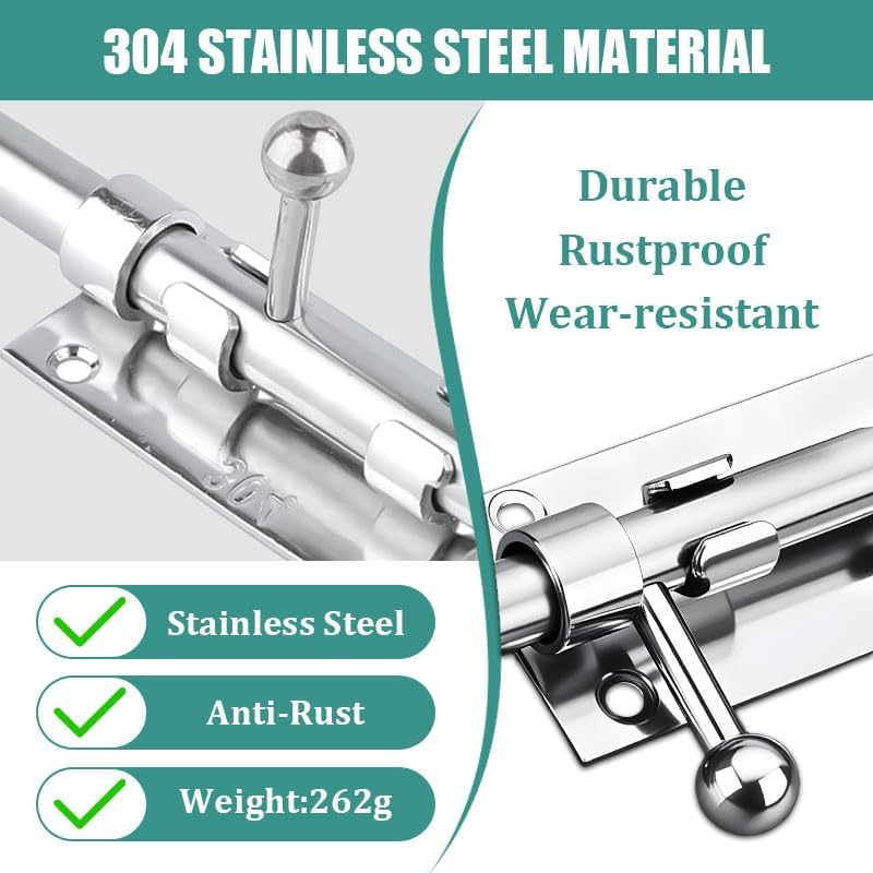 Heavy Duty 4 Inch Stainless Steel Door Lock Bolt, Sliding Barrel Latch for Bathroom, Bedroom, Shed & Cabinet Doors, Silver Anti-Rust Finish image number 1