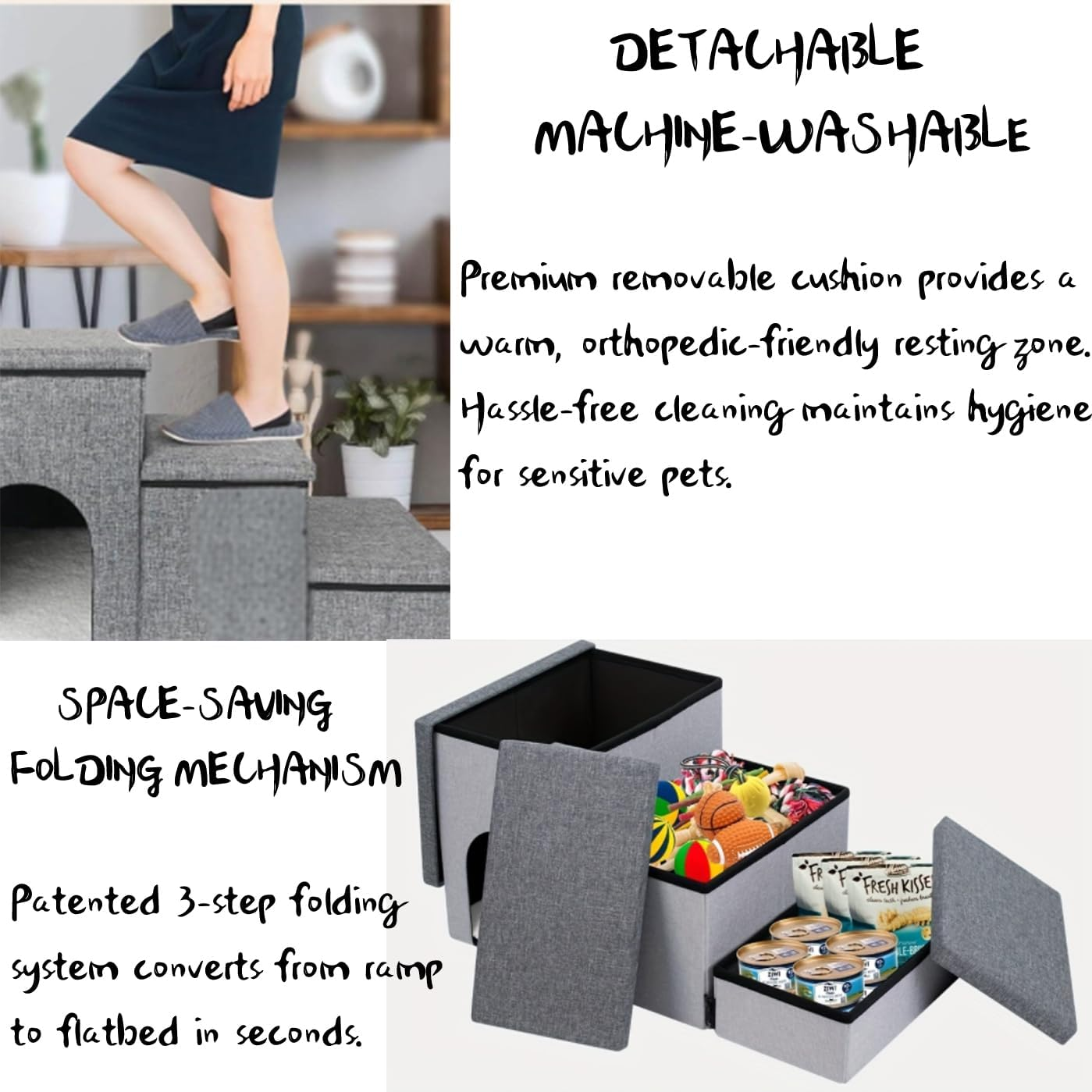 3-Step Storage Pet Stairs for Dogs & Cats | Heavy Duty Dog Stairs/Ramp with Storage House | Detachable & Washable Design | Small Pets | Brown | H:43CM image number 4