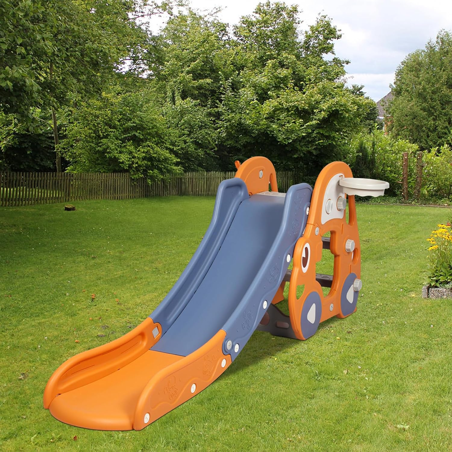 Bopeep 3 in 1 Kid Slide Set, with Climber Steps Basketball Hoop Indoor Outdoor Playground Activity Center Toy Stairs Foldable Playset Equipment,Toddlers for Age 2+ (Orange)