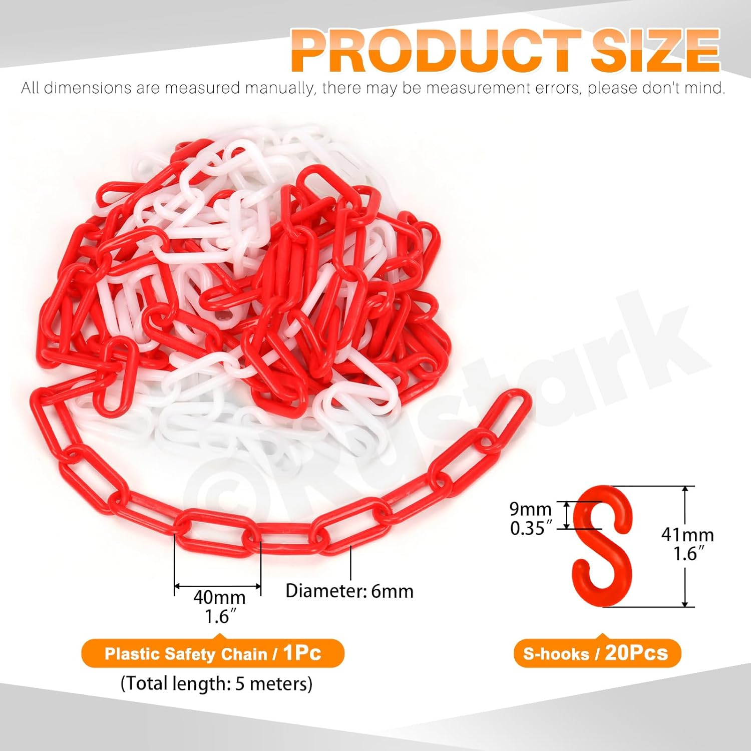21Pcs Red and White Plastic Chain Links with Connector Hooks Plastic Chain Barrier Safety Barrier Chain for Crowd Control Construction Sites Parking Space Management image number 3