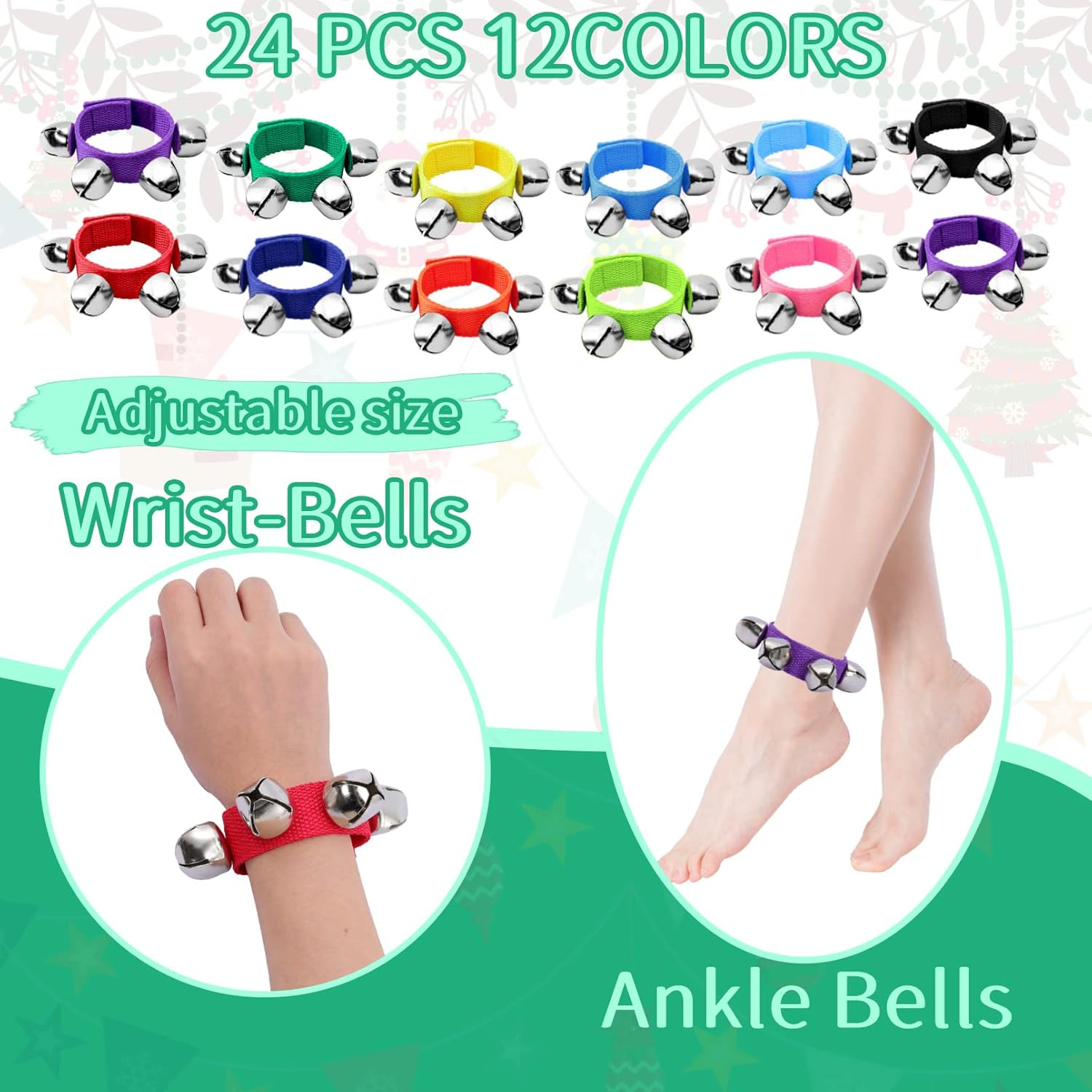 24PCS Wrist Band Jingle Bells,12 Colors Wrist Bells Ankle Bells,Rhythm Instrument Percussion Party Favor Wristband Bell,Jingle Bell Musical Instruments Kid HWD1209 Black/Green/Orange/Purple image number 1