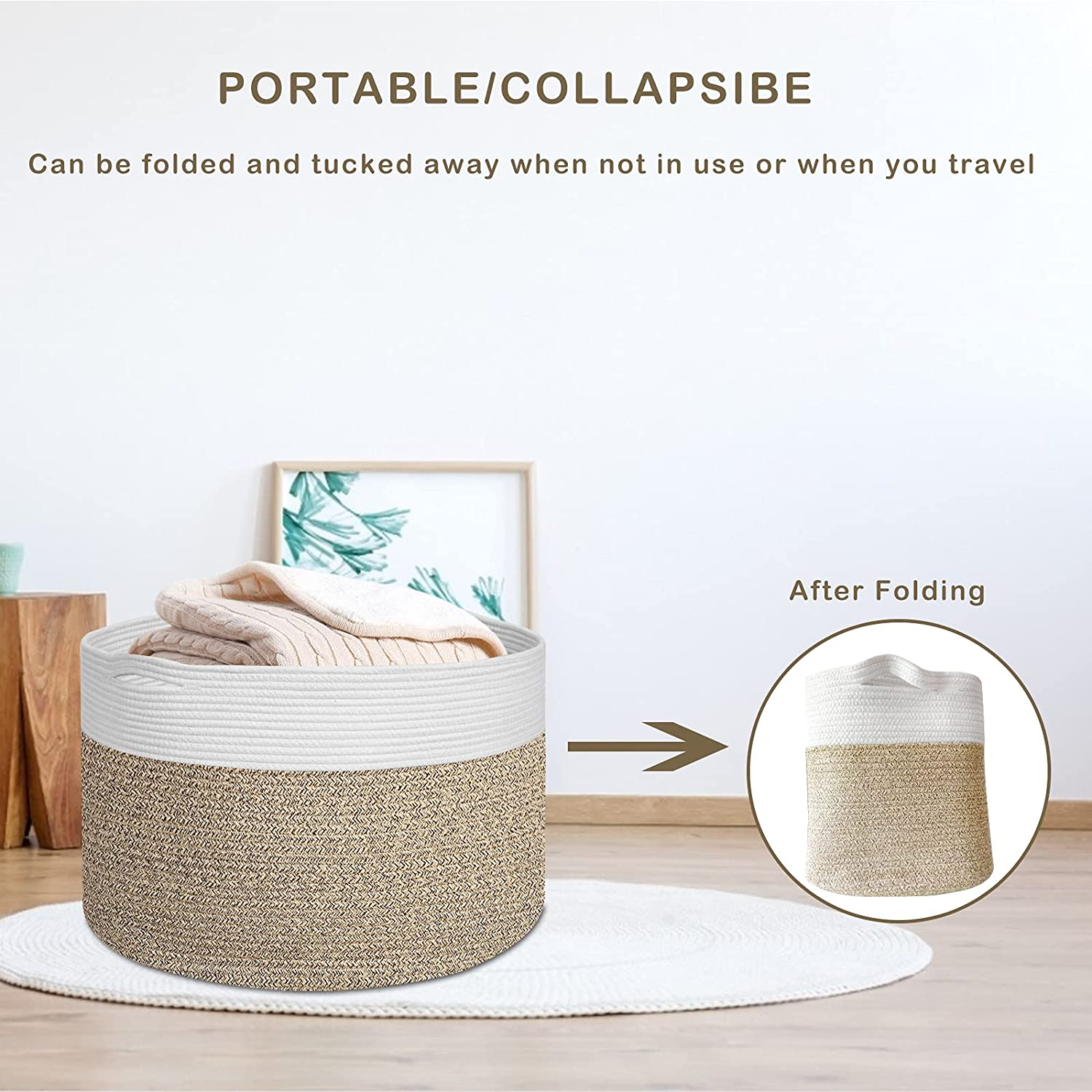 Extra Large 100% Cotton Rope Basket 21.7" &times; 21.7" &times; 13.8", SONPENT Woven Storage Laundry Basket Cotton Basket Pillows Storage Bin with Handle for Living Room Home Decor image number 2