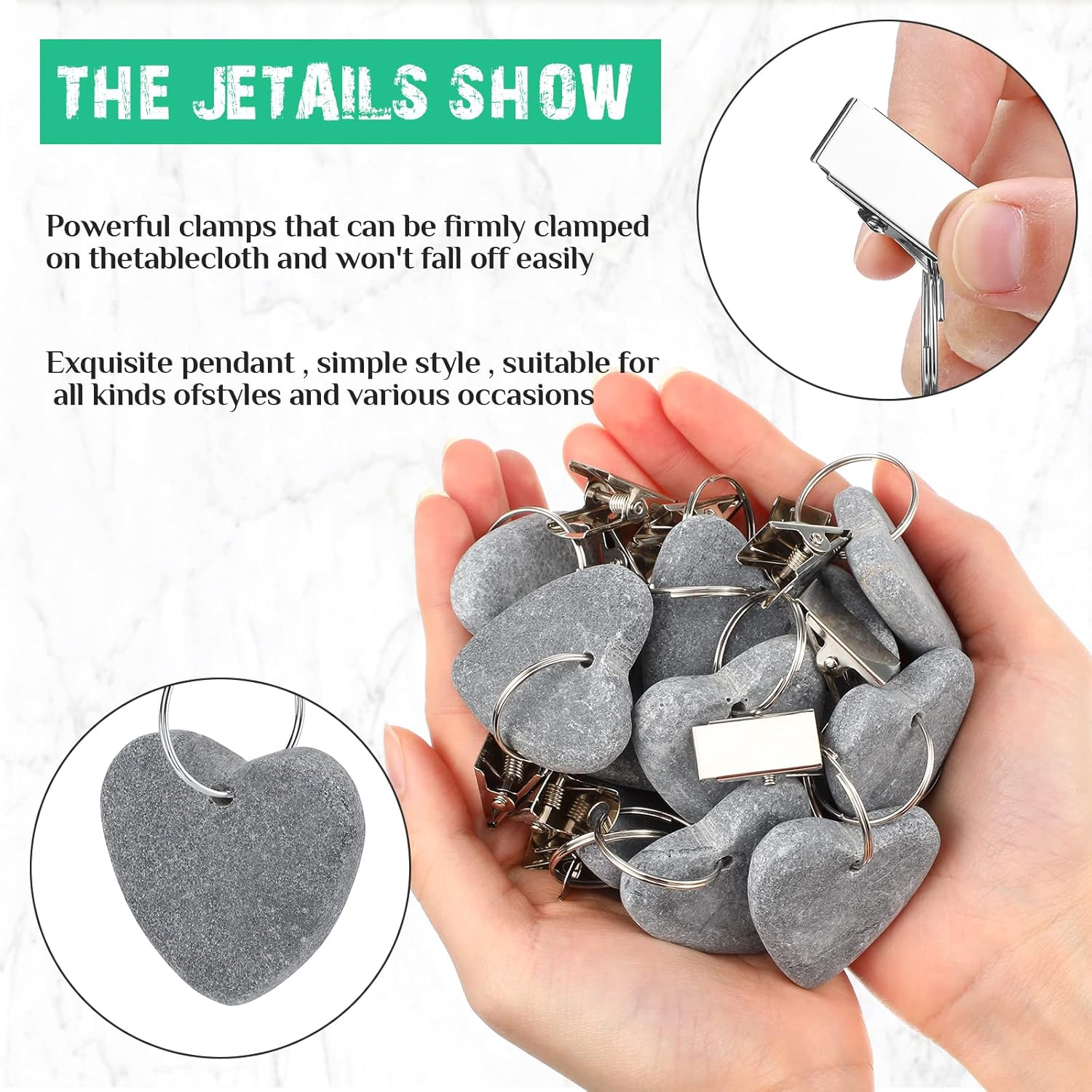 48 Pieces Tablecloth Weights Hangers Heart Stone Table Cloth Weights Tablecloth Clips for Outdoor Tables Heavy Curtain Weights Table Cover Clips with Stainless Steel Clips for Picnic (Light Gray)