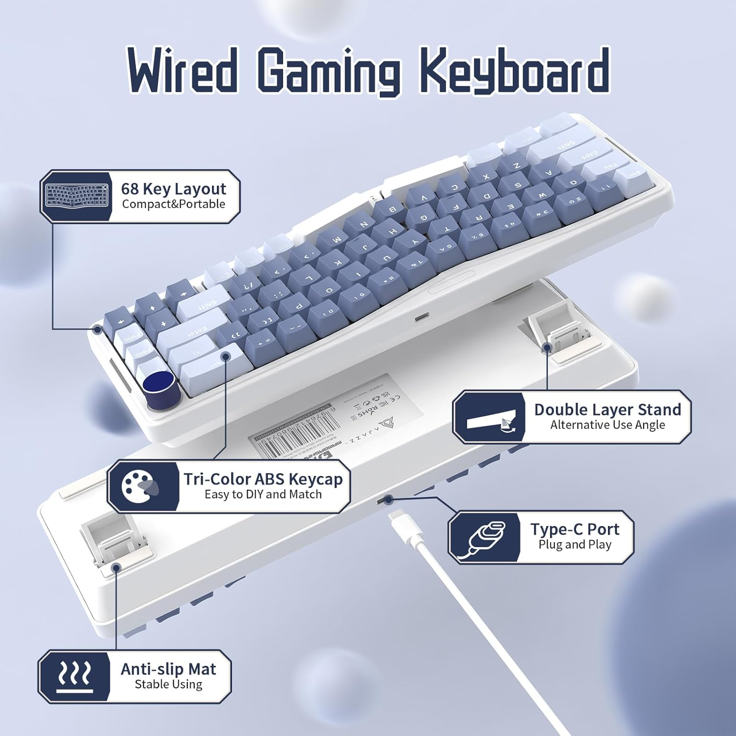 ATTACK SHARK AKS068 Wired Mechanical Gaming Keyboard 65% Alice Layout Hot-Swapped Gasket Mount with RGB Backlit via Programmable Knob NKRO TKL as Pre-Lubed Linear Red Switch for Win/Mac(Blue) image number 3