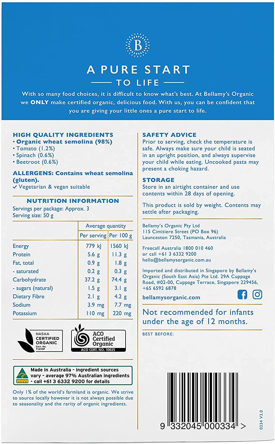 Bellamy'S Organic Veggie Macaroni 175G, Baby Food, 12M+, Bulk (6 X 175G)