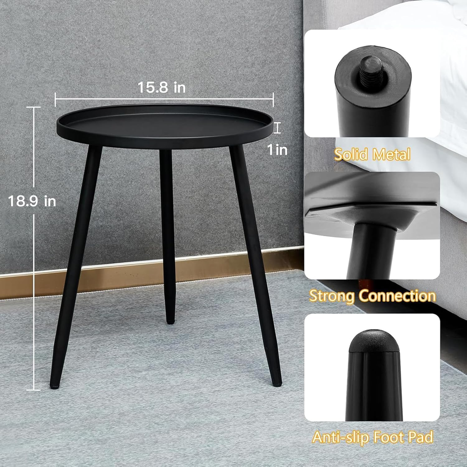 End Table,Small round Accent Coffee Side Table Living Room Waterproof Metal for Bedroom Tall Plant Stand Balcony Indoor Outdoor (Black) image number 6