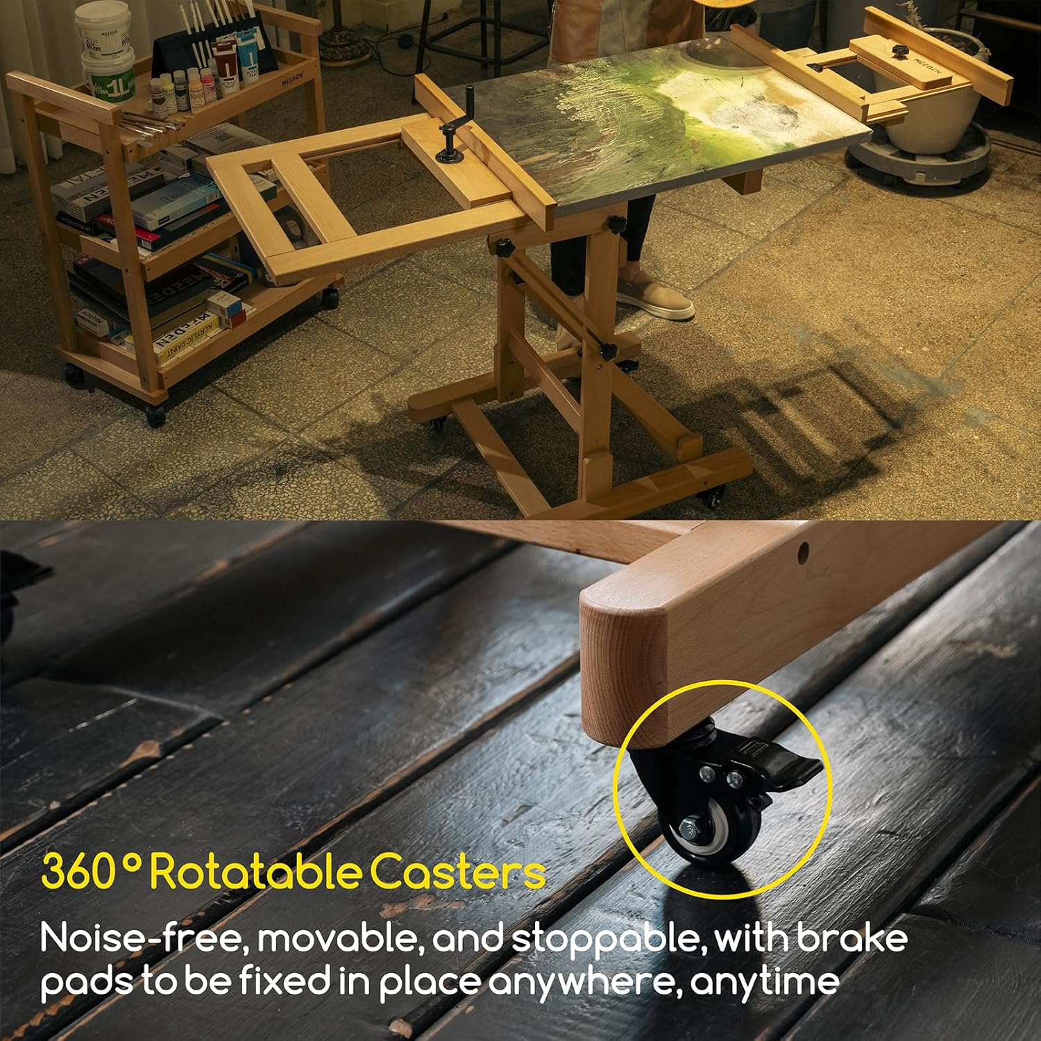 MEEDEN Deluxe Large Rocker Crank Studio Easel,Heavy Duty Artist Painting Easel,Solid Beech Wood with Adjustable Height,Movable and Tilting Flat H-Frame Easel,Holds Art Canvas up to 76.7" image number 4