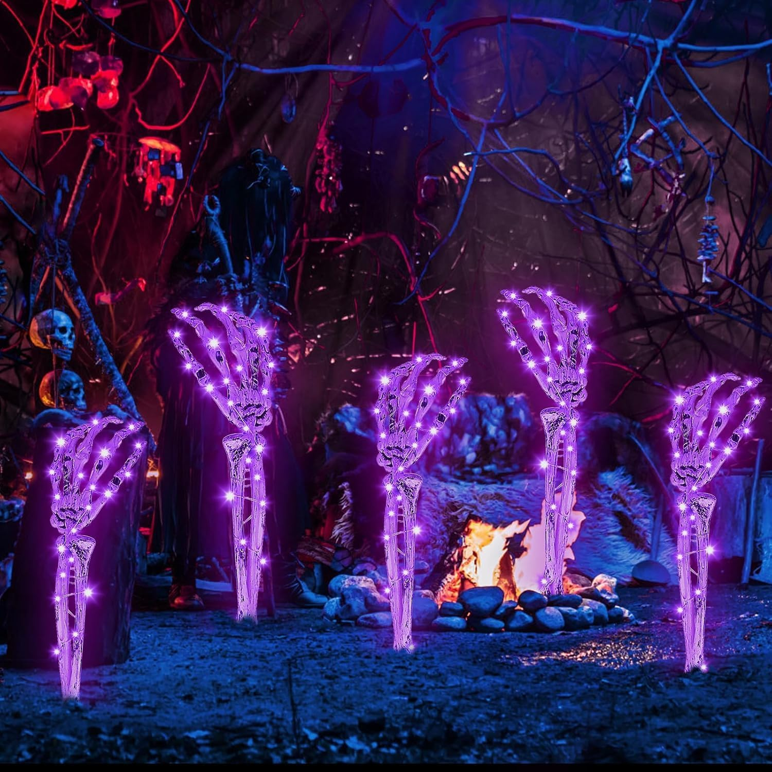 5 Pack Halloween Light Skeleton Decoration, 8 Modes 150LED Purple Garden Lights Skeleton Arm Stakes, Zombie Hand Stake Light,Waterproof, Scary Indoor Outdoor Halloween Party Props Yard Pathway Lights image number 3