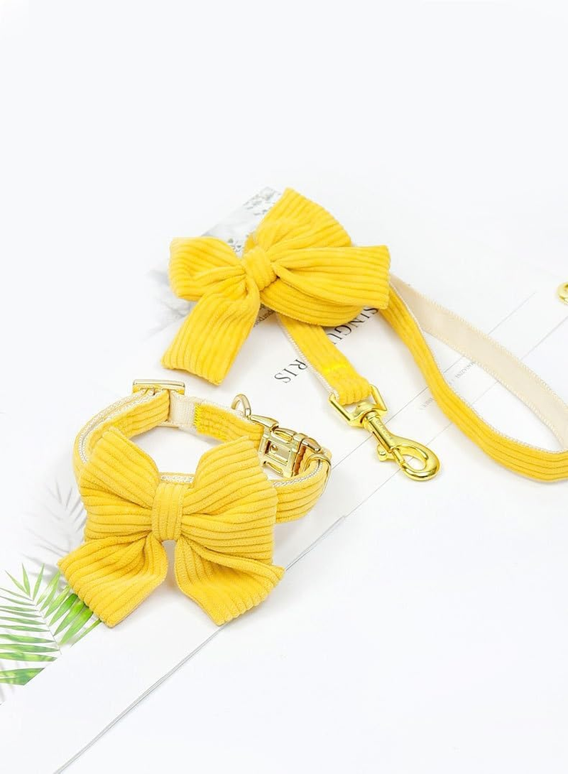 Dog Collar and Leash Set with Bowtie, Girl Dog Collars Metal Buckle Adjustable for Small Medium Dogs (Yellow, L) image number 1