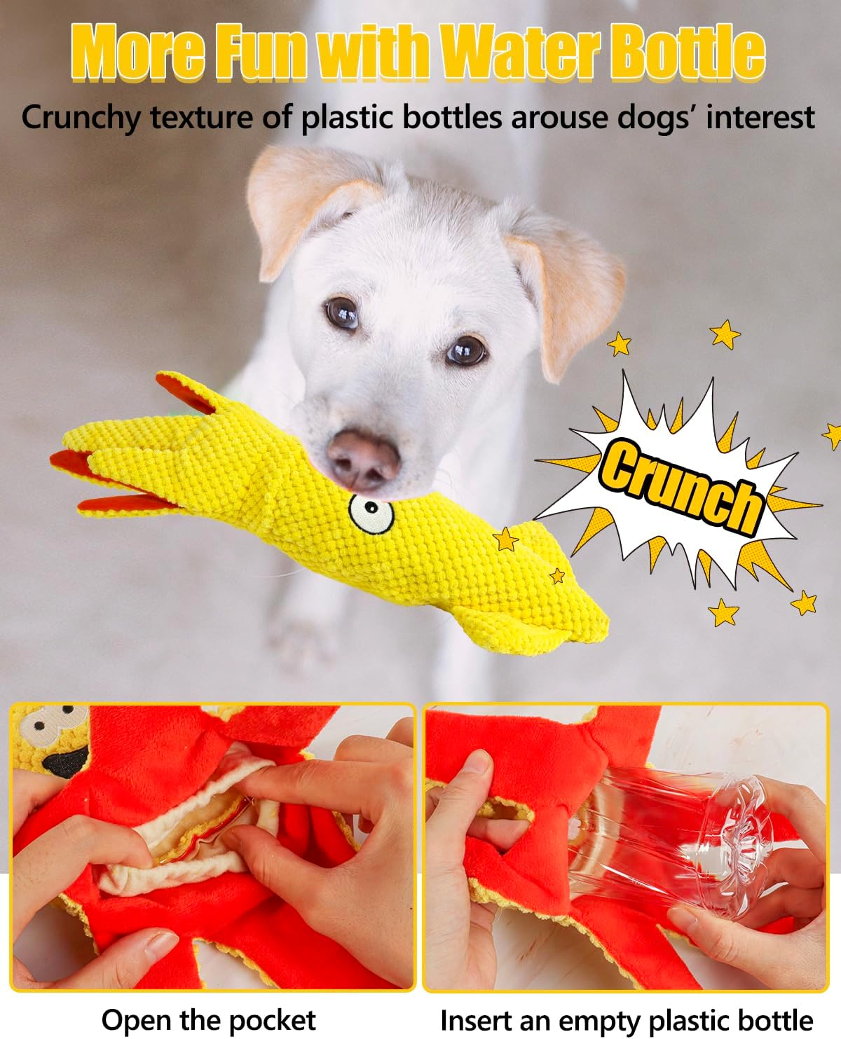 Squeaky Dog Toys No Stuffing Crinkle Plush Water Bottle Toy Interactive Squawking Octopus Pet Chew Toy for Puppy Small Medium Large Dogs (Yellow-Octopus)