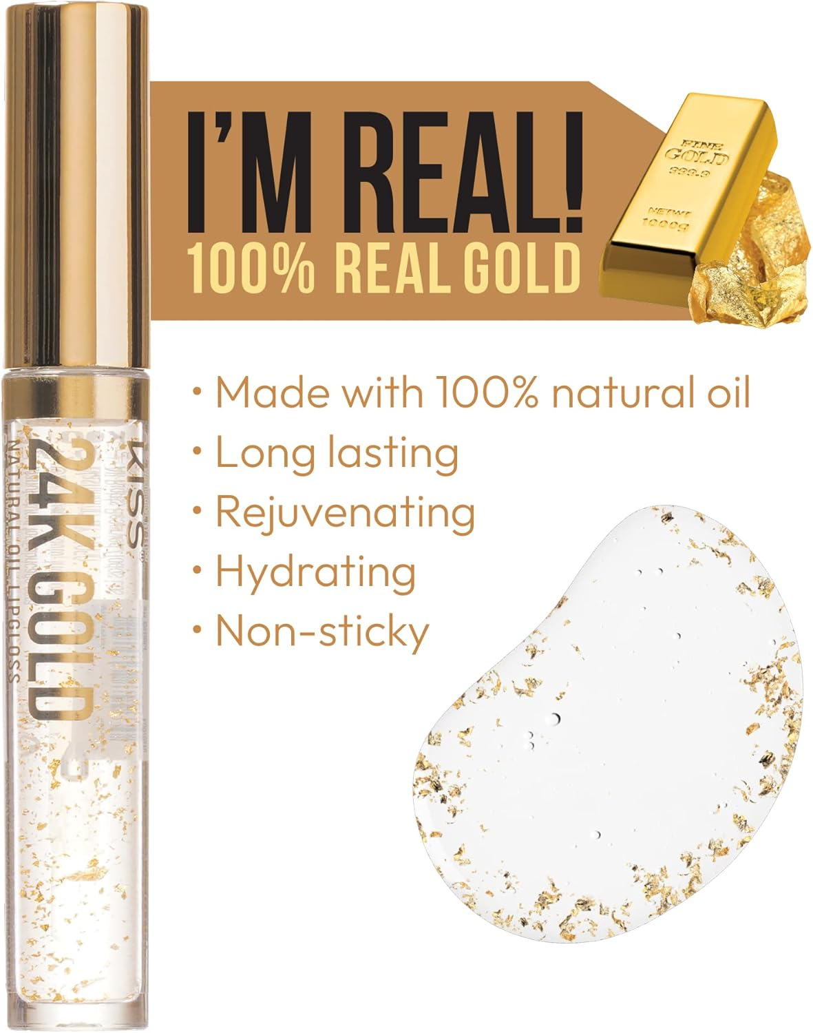 Kiss New York 3 PACK Lip Oil Gloss, Hydrating Non-Sticky Lip Oil, 100% Natural Oil Clear Lip Gloss, Lightweight Lip Moisturizer (Gold & Honey & Coconut) image number 3