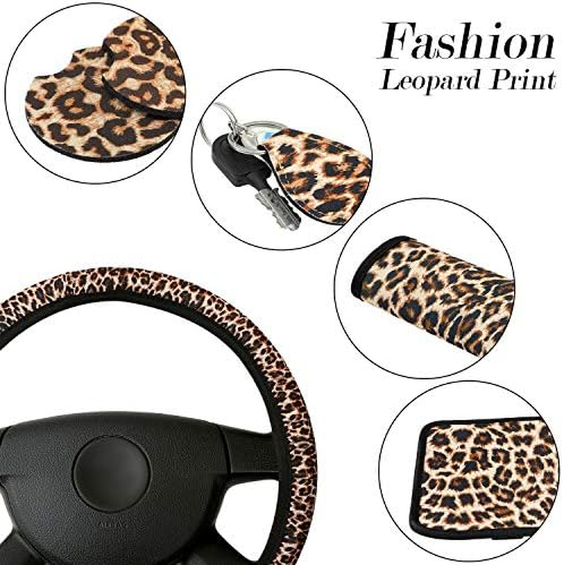 7-Piece Leopard Print Car Accessory Set - Steering Wheel Cover, Car Coasters, Keyring, Armrest Pad & Seat Belt Pads for Most Cars image number 3
