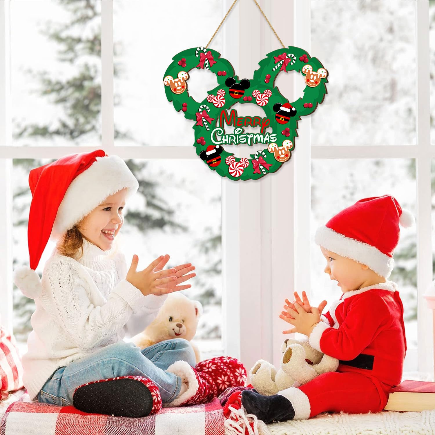 Christmas Mouse Door Sign Decorations, Merry Christmas Wooden Door Hanging Sign Wreath Ornaments for Front Door Decor Peppermint Candy Mouse Shaped Winter Wall Xmas Party Holiday Supplies Green