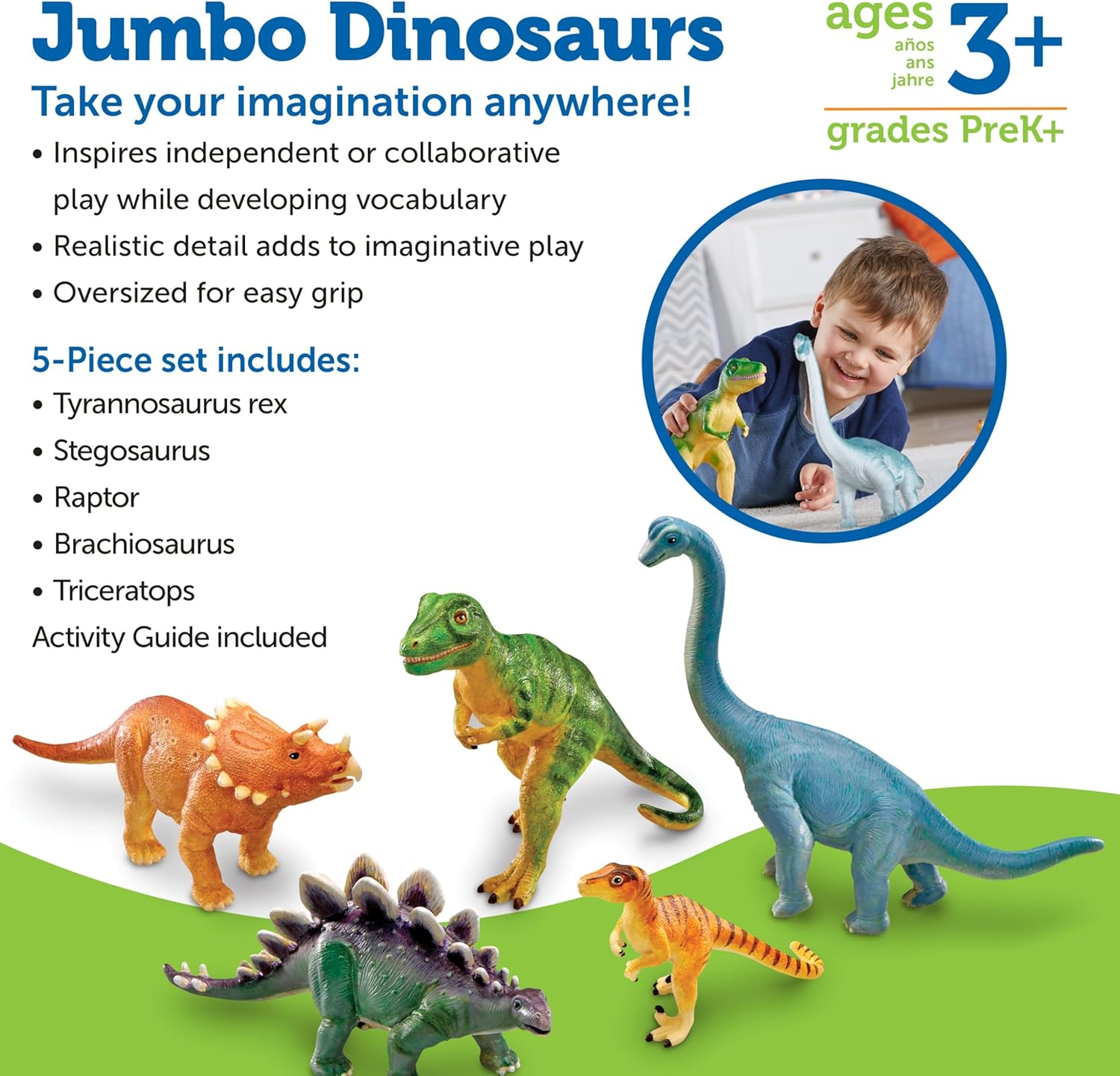 Learning Resources Jumbo Dinosaurs I T-Rex, Brachiosaurus, Stegosaurus, Triceratops, and Raptor, Dinosaur Toys, I 5 Pieces, Ages 3+ image number 4
