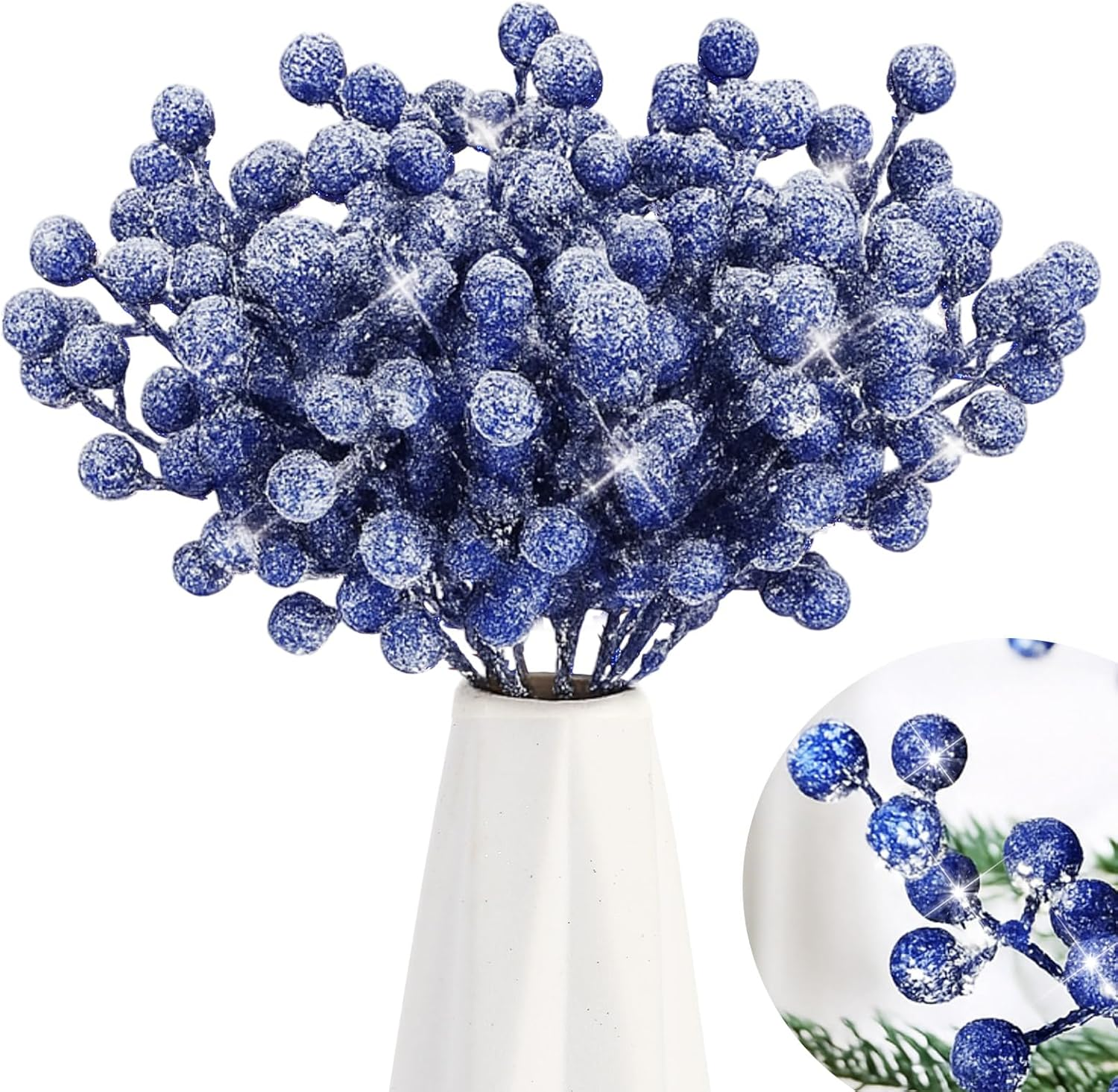 Geosar 30 Pieces Artificial Christmas Berry Picks with Snowflake Glitter Artificial Holly Berry Stems for Christmas Tree Ornaments Vases DIY Crafts Home Wedding Party Holiday Decor(Light Blue)