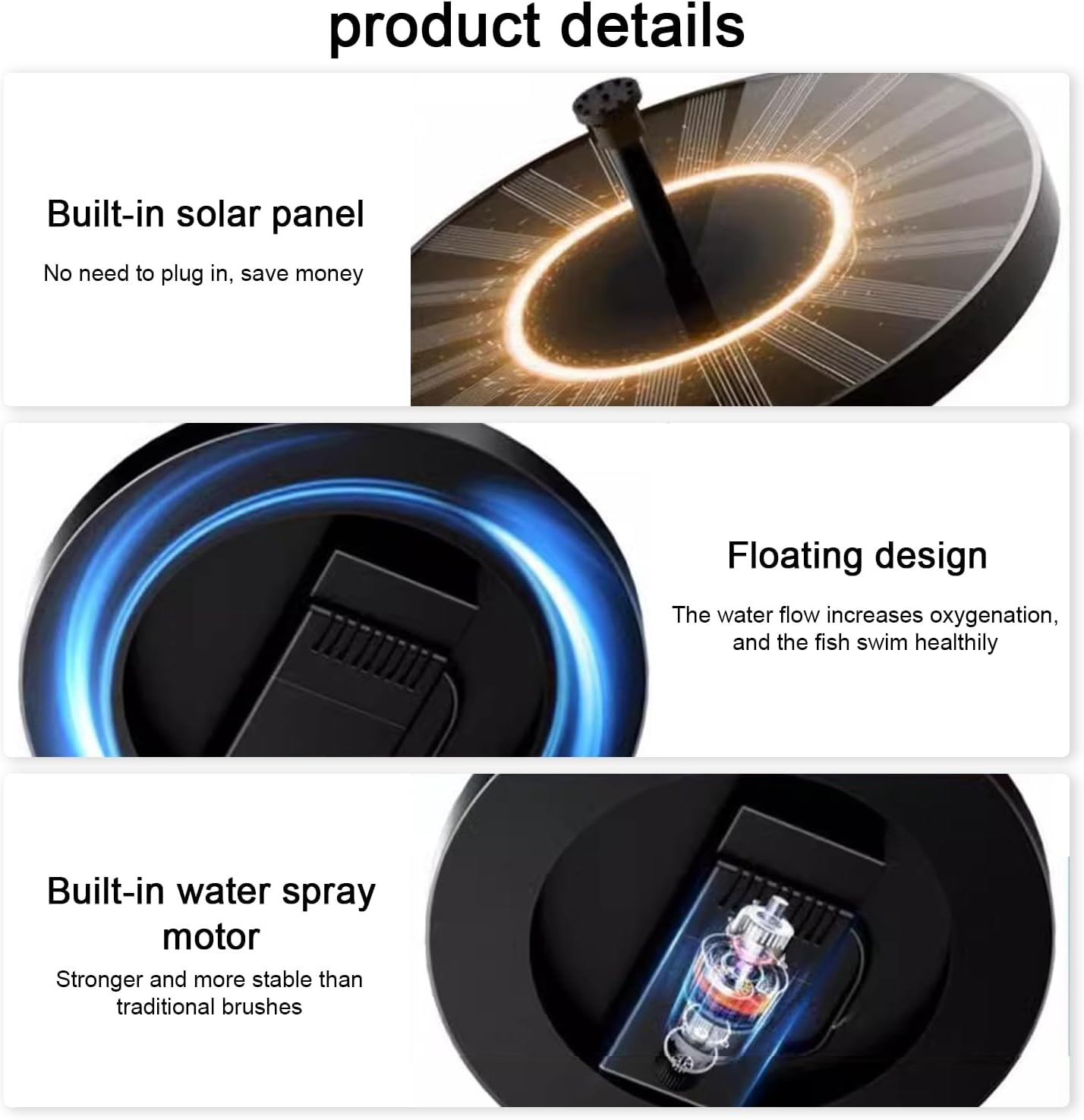 2024 Upgraded Garden Solar Fish Pond Fountain, 16CM Solar Powered Bird Bath Fountain, DIY Solar Fountain Pump with 6 Nozzles Floating Fountain, for Water Feature Outdoor, Garden, Fish Tank image number 2