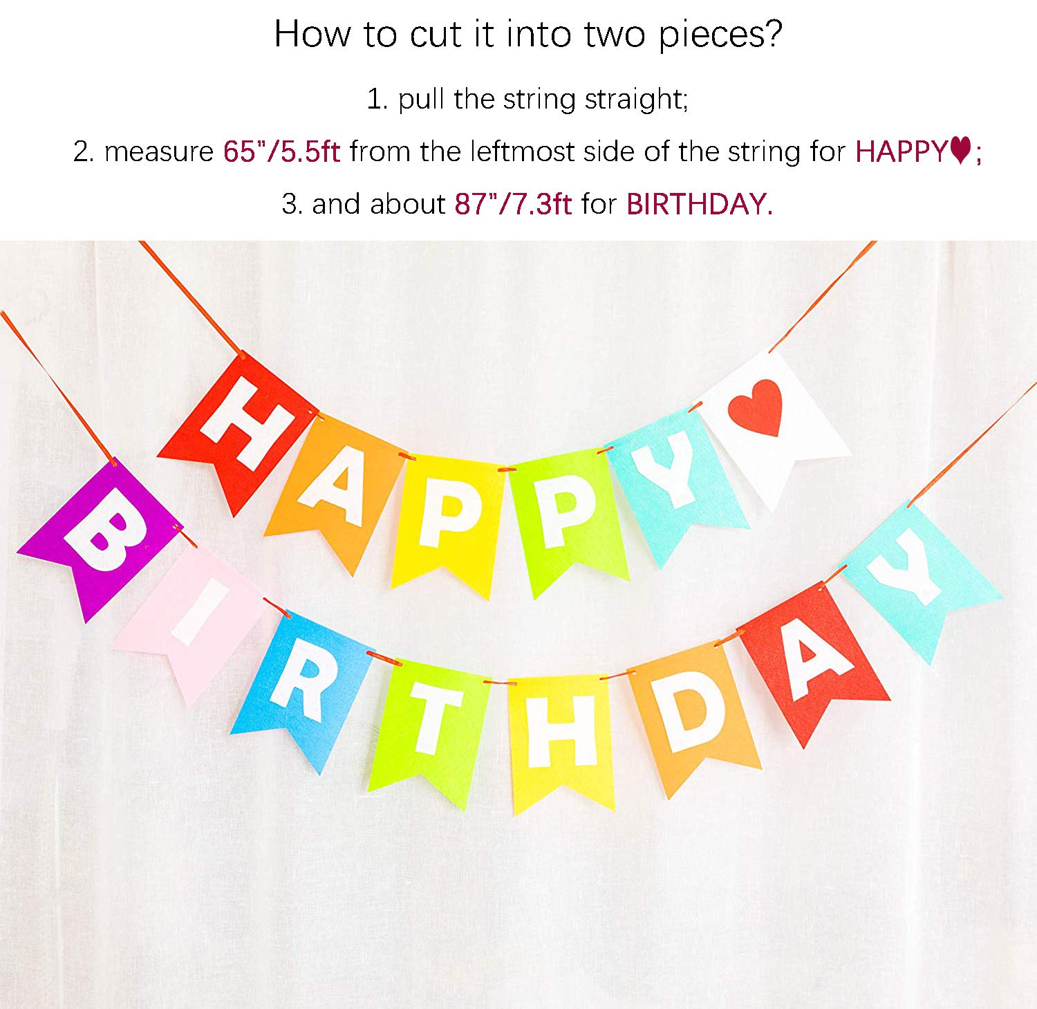 LOVENJOY Happy Birthday Banner Rainbow Bunting Decorations Durable Felt Fabric, Assembled image number 5