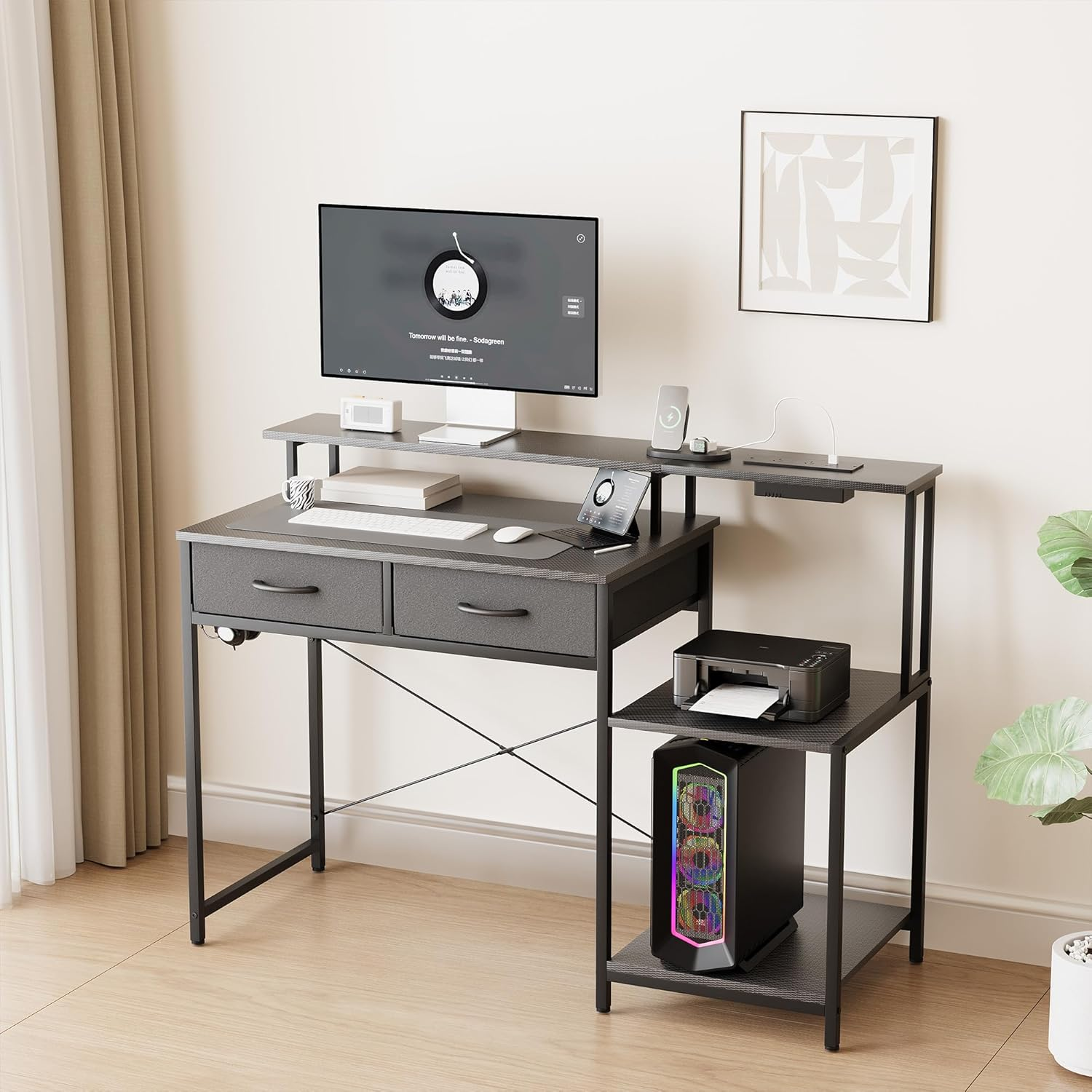 Advwin 120Cm Gaming Desk with LED Lights & Power Outlets Reversible Printer Storage Shelf Computer Desk with Drawers & Headphone Hook Black image number 3