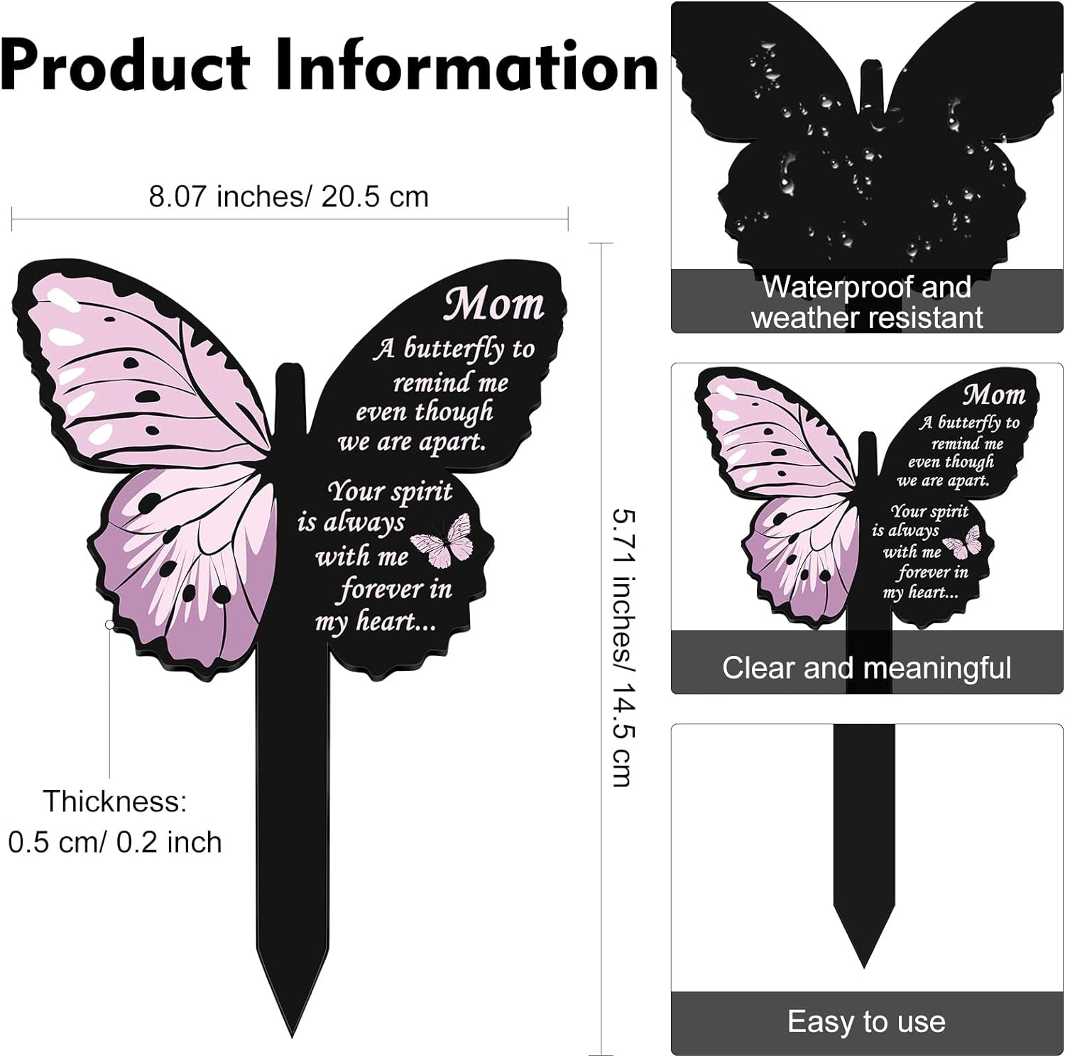 Geosar Mom Memorial Stakes Cemetery Grave Plaque Stake Markers Memorial Butterfly Plaques for Outdoors Sympathy Garden Stake Acrylic Waterproof Garden Grave Decoration(Cute Style) image number 4