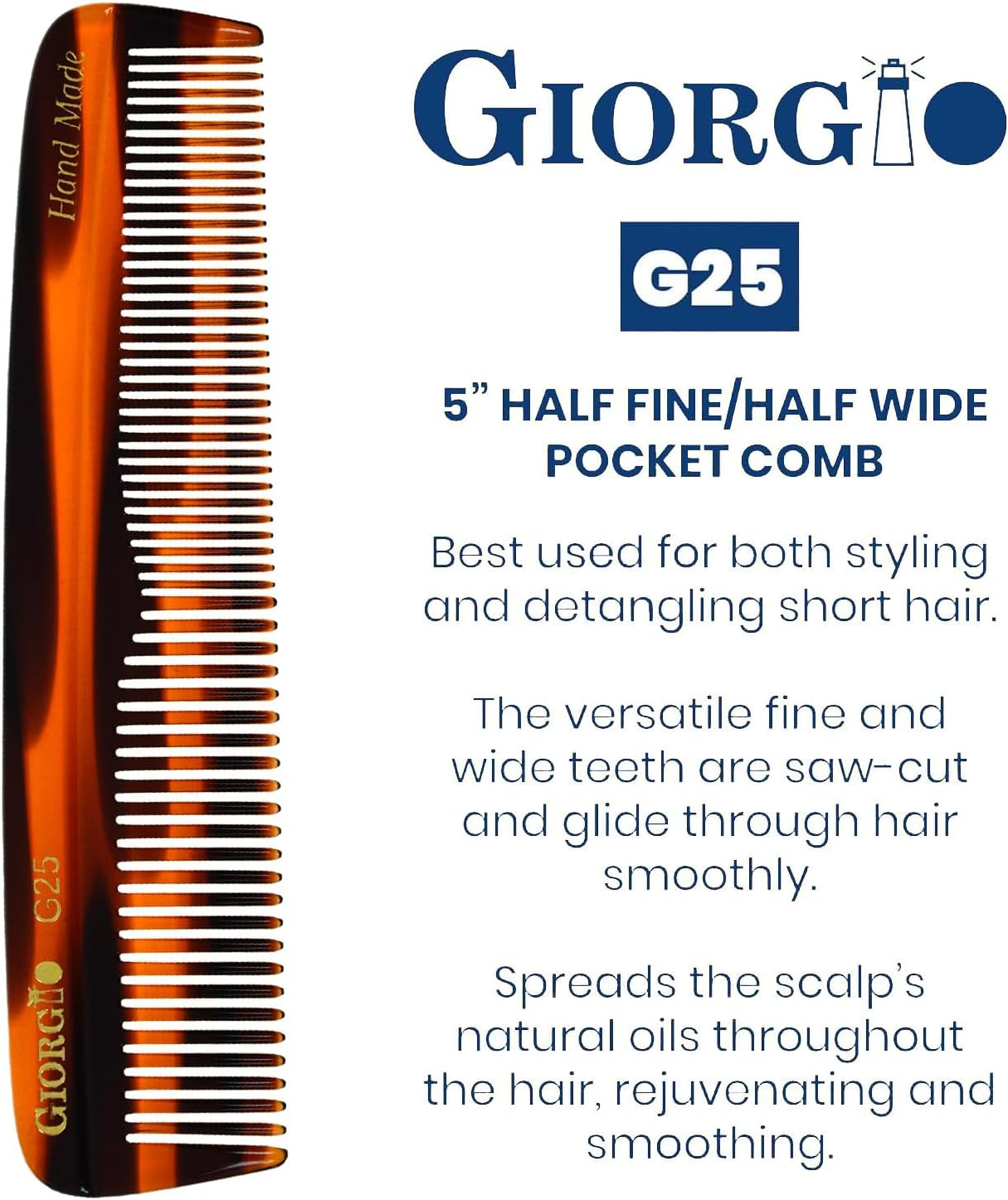 Giorgio G25 Finetooth and Widetooth Pocket Comb - Hair Styling Comb for Men and Women, Handmade Beard Combs for Men, Barber Combs, for Grooming,Saw Cut and Polished (Tortoiseshell)