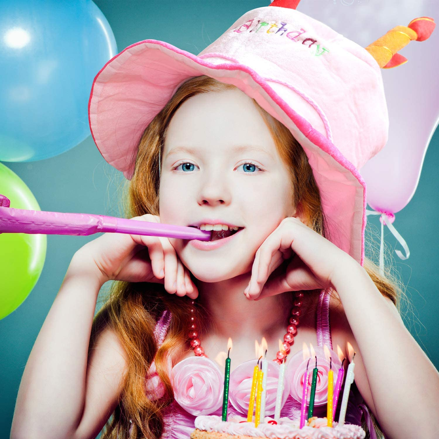 Novelty Place Plush Happy Birthday Cake Hat, (2 Pcs, Blue & Pink) - Unisex Adult Size Fancy Dress Party Hats - Perfect as Party Favors, Costume Accessories - Cake & 5 Multicolor Candles image number 6