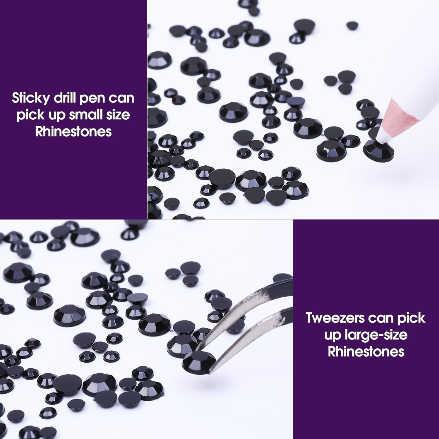 5320 Pieces Flat Back Gems round Crystal Rhinestones 6 Sizes (1.5-6 Mm) with Pick up Tweezer and Rhinestones Picking Pen for Crafts Nail Face Art Clothes Shoes Bags DIY (Black)