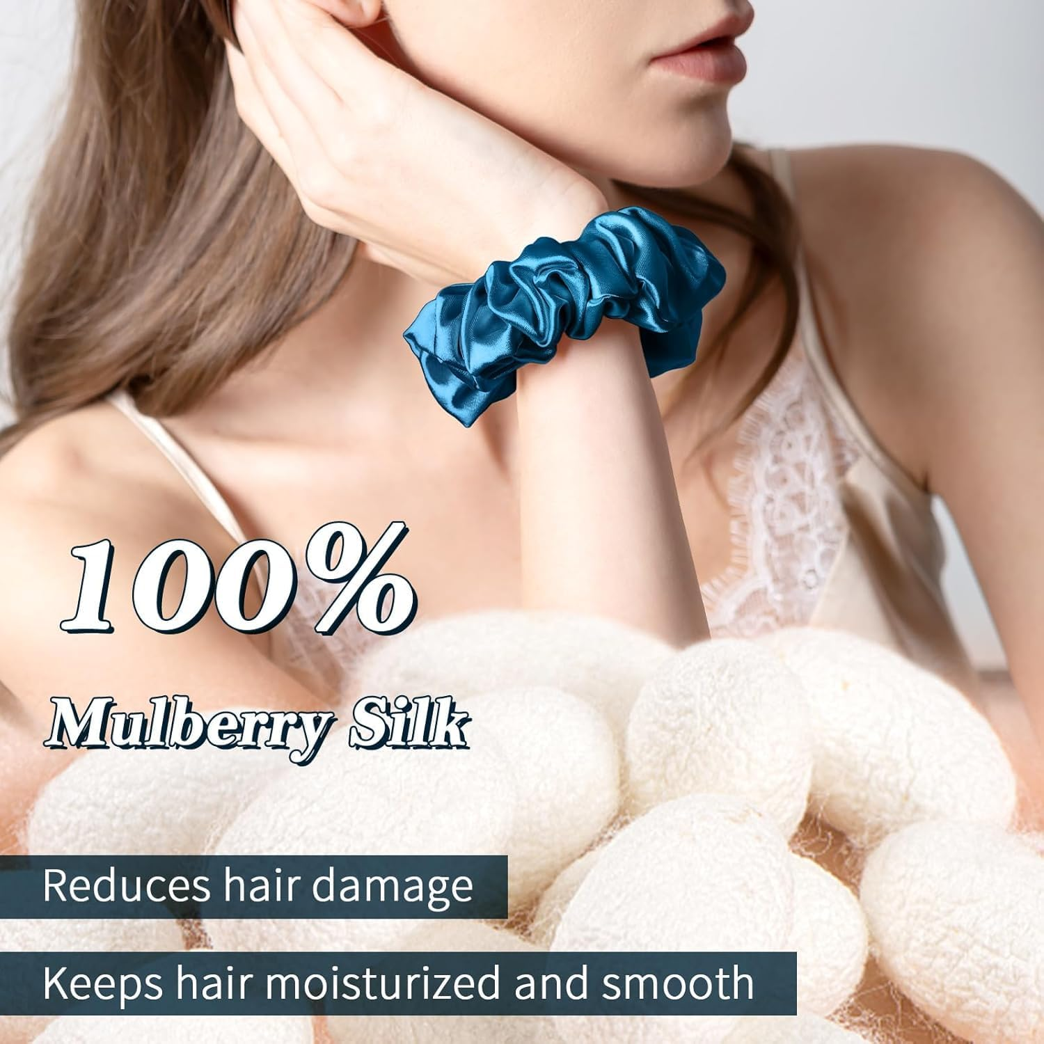 100% Mulberry Silk Scrunchies Hair Tie - No Damage, Prevents Frizz, 1 Pack (Peacock Blue) image number 2