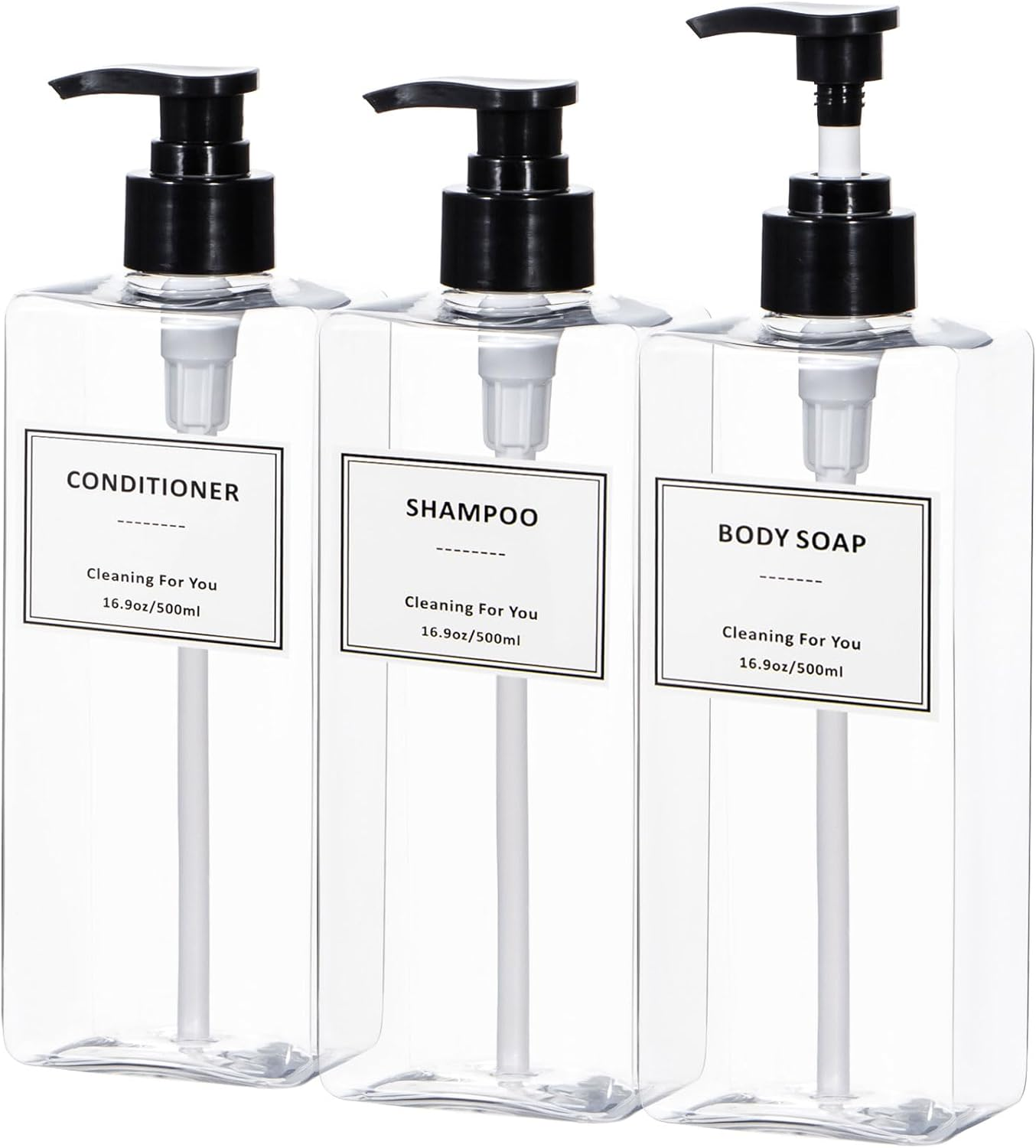 Yeeco Plastic Shampoo and Conditioner Dispenser - Refillable Pump Bottles, 16.9Oz/500Ml, 3 Packs for Bathroom, Kitchen, Hotel - Clear Blue