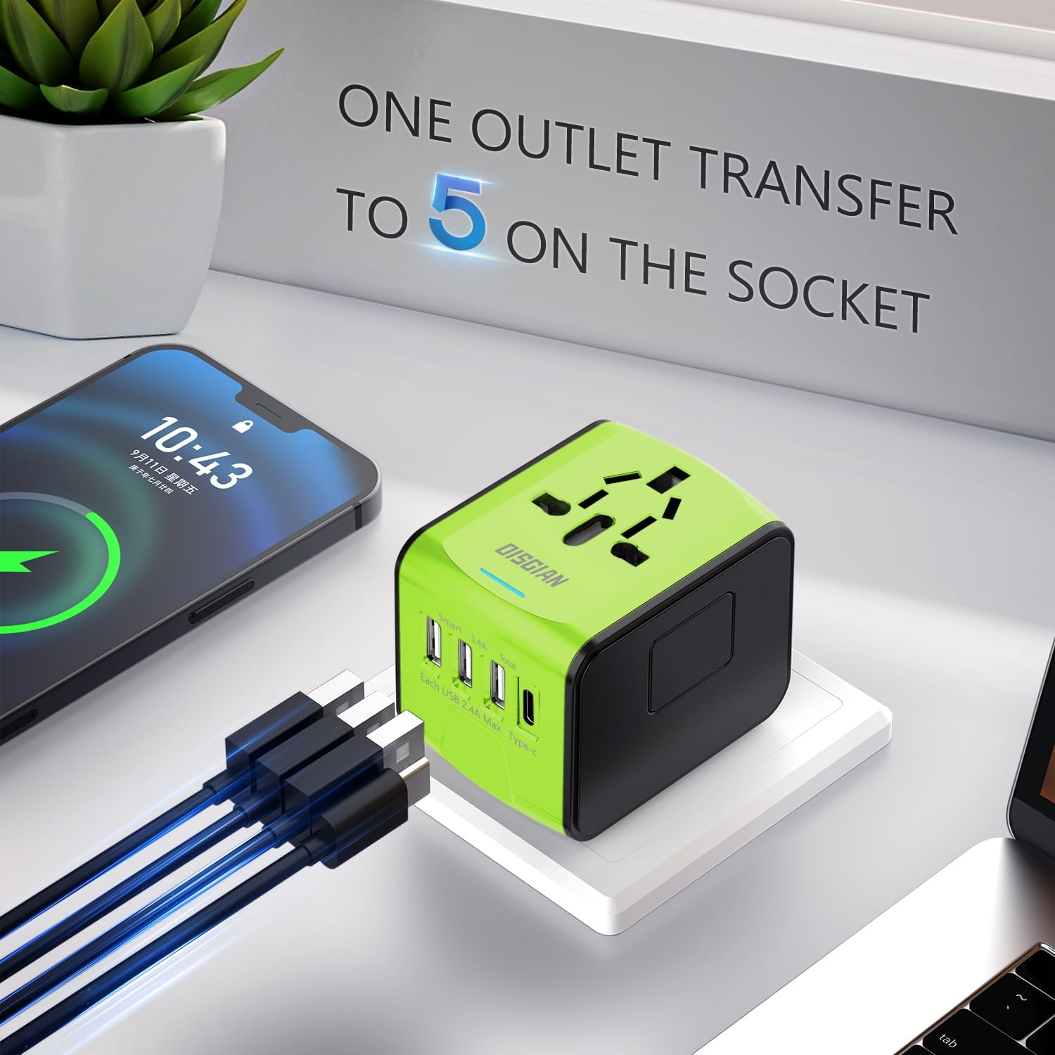 Travel Adapter, Universal International Power Adapter with 3USB Port and Type-C International Wall Charger Worldwide AC Power Plug for Multi-Nation Travel UK, EU, AU over 200 Countries (Green) image number 1